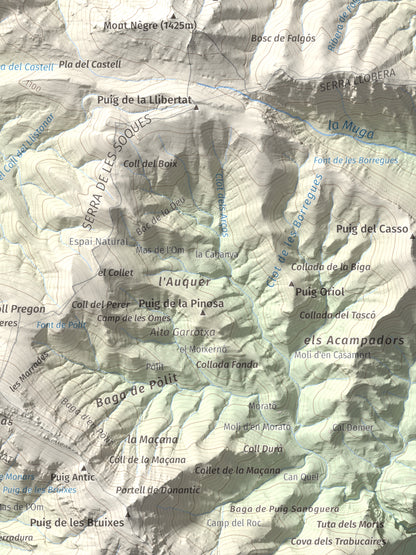 Mapa de relieve de Torres de Cabrenç, 1344 m, Vallespir, lámina 100 Cims de Trobart. Detalle de la zona inferior derecha. 30 × 40 cm.