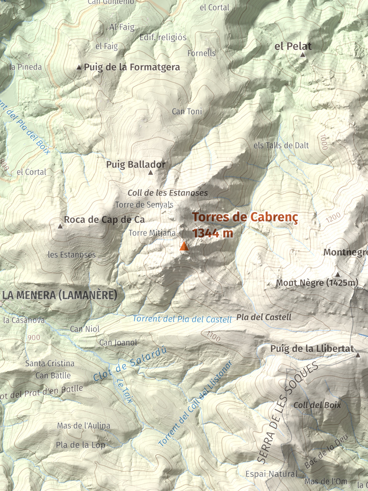 Mapa de relieve de Torres de Cabrenç, 1344 m, Vallespir, lámina 100 Cims de Trobart. Detalle de la zona central. 30 × 40 cm.