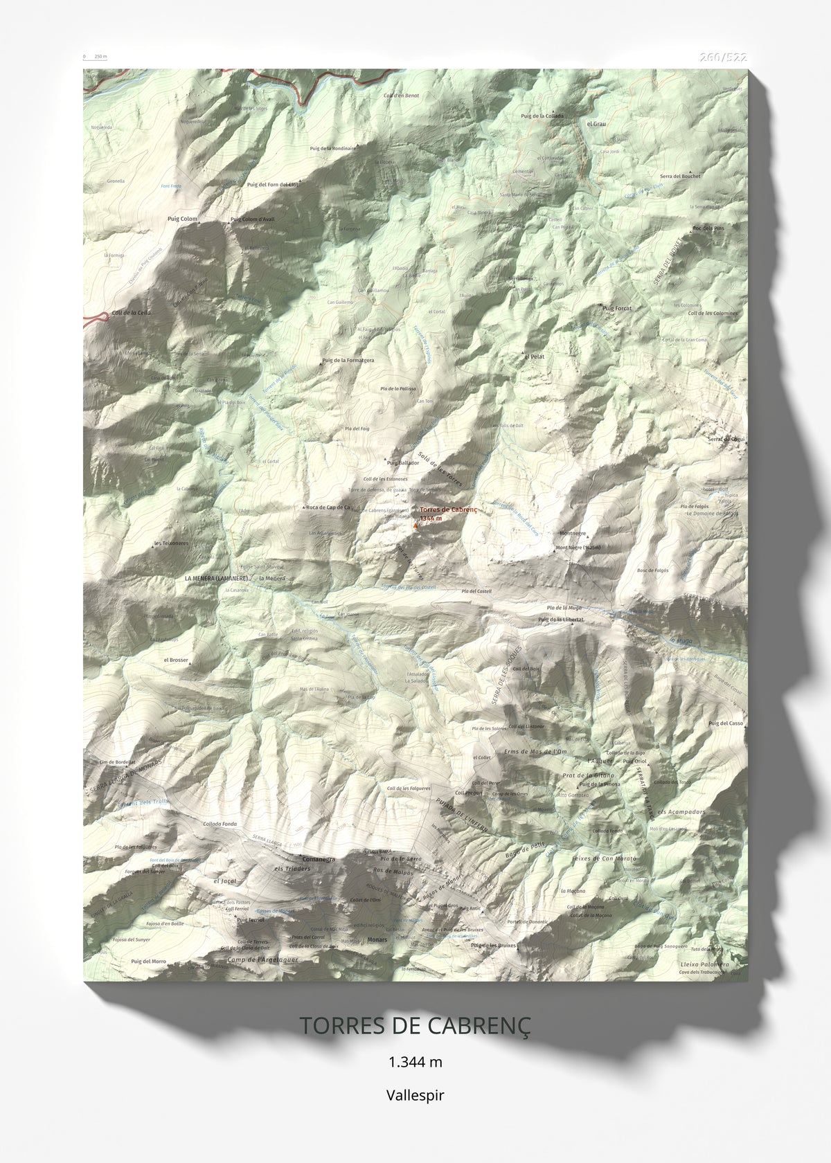 Mapa de relieve de Torres de Cabrenç, 1344 m, Vallespir, lámina 100 Cims de Trobart 50 × 70 cm.