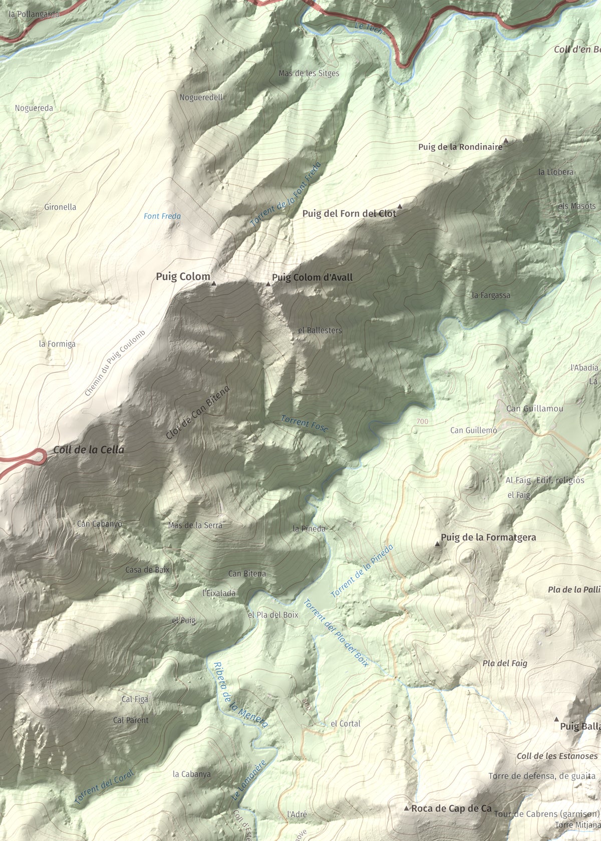 Mapa de relieve de Torres de Cabrenç, 1344 m, Vallespir, lámina 100 Cims de Trobart. Detalle de la zona superior izquierda. 50 × 70 cm.