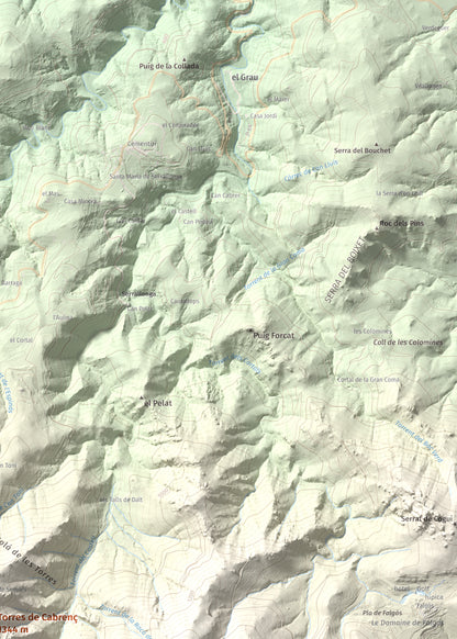 Mapa de relieve de Torres de Cabrenç, 1344 m, Vallespir, lámina 100 Cims de Trobart. Detalle de la zona superior derecha. 50 × 70 cm.