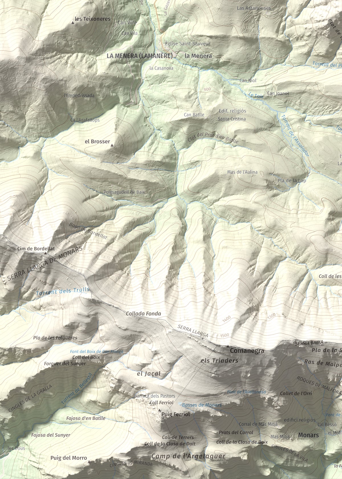 Mapa de relieve de Torres de Cabrenç, 1344 m, Vallespir, lámina 100 Cims de Trobart. Detalle de la zona inferior izquierda. 50 × 70 cm.