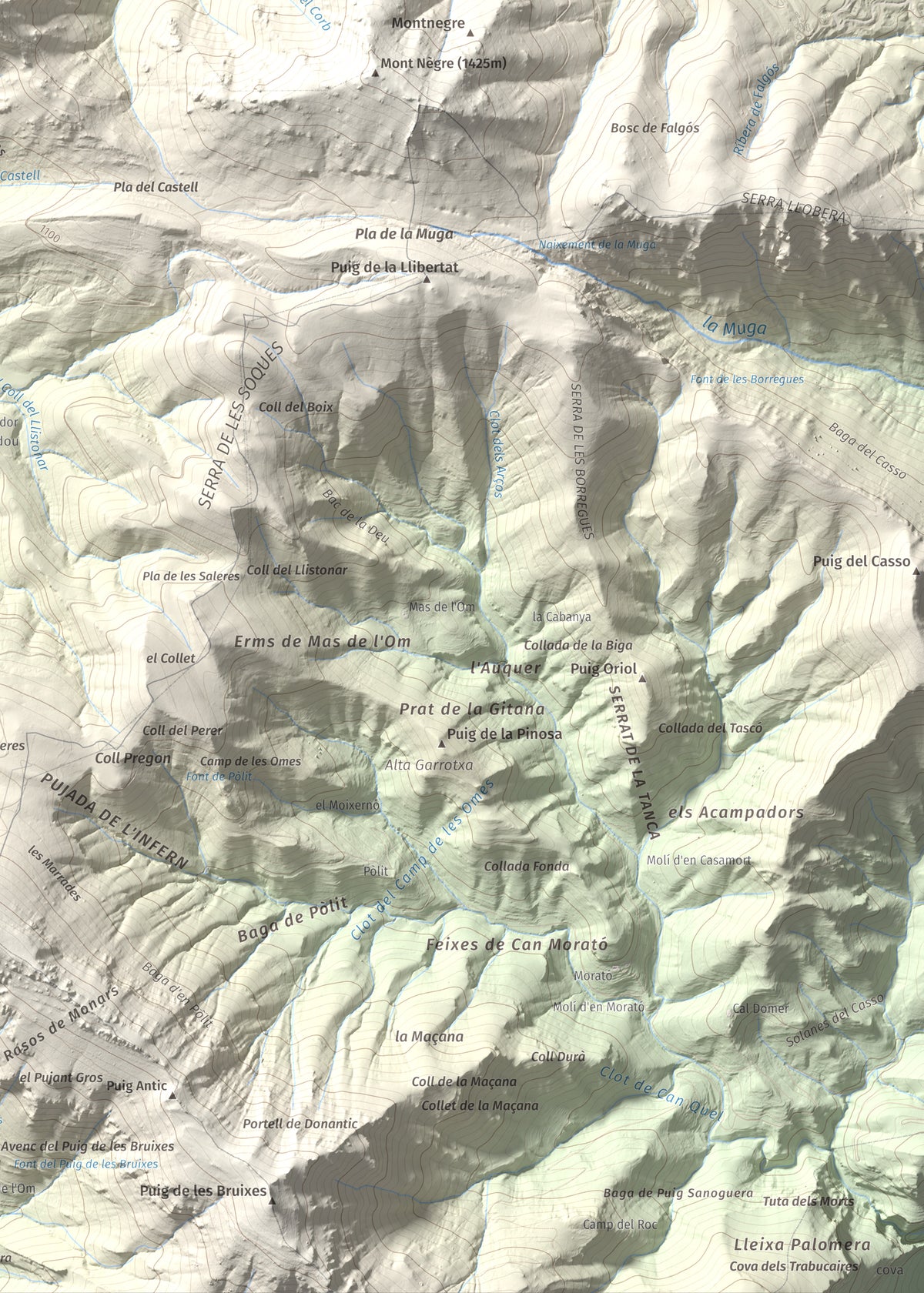 Mapa de relieve de Torres de Cabrenç, 1344 m, Vallespir, lámina 100 Cims de Trobart. Detalle de la zona inferior derecha. 50 × 70 cm.