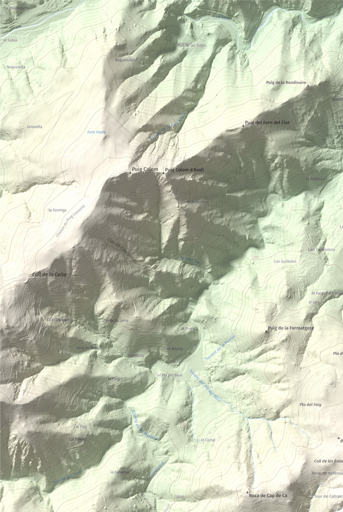 Mapa de relieve de Torres de Cabrenç, 1344 m, Vallespir, lámina 100 Cims de Trobart. Detalle de la zona superior izquierda. 61 × 91 cm.