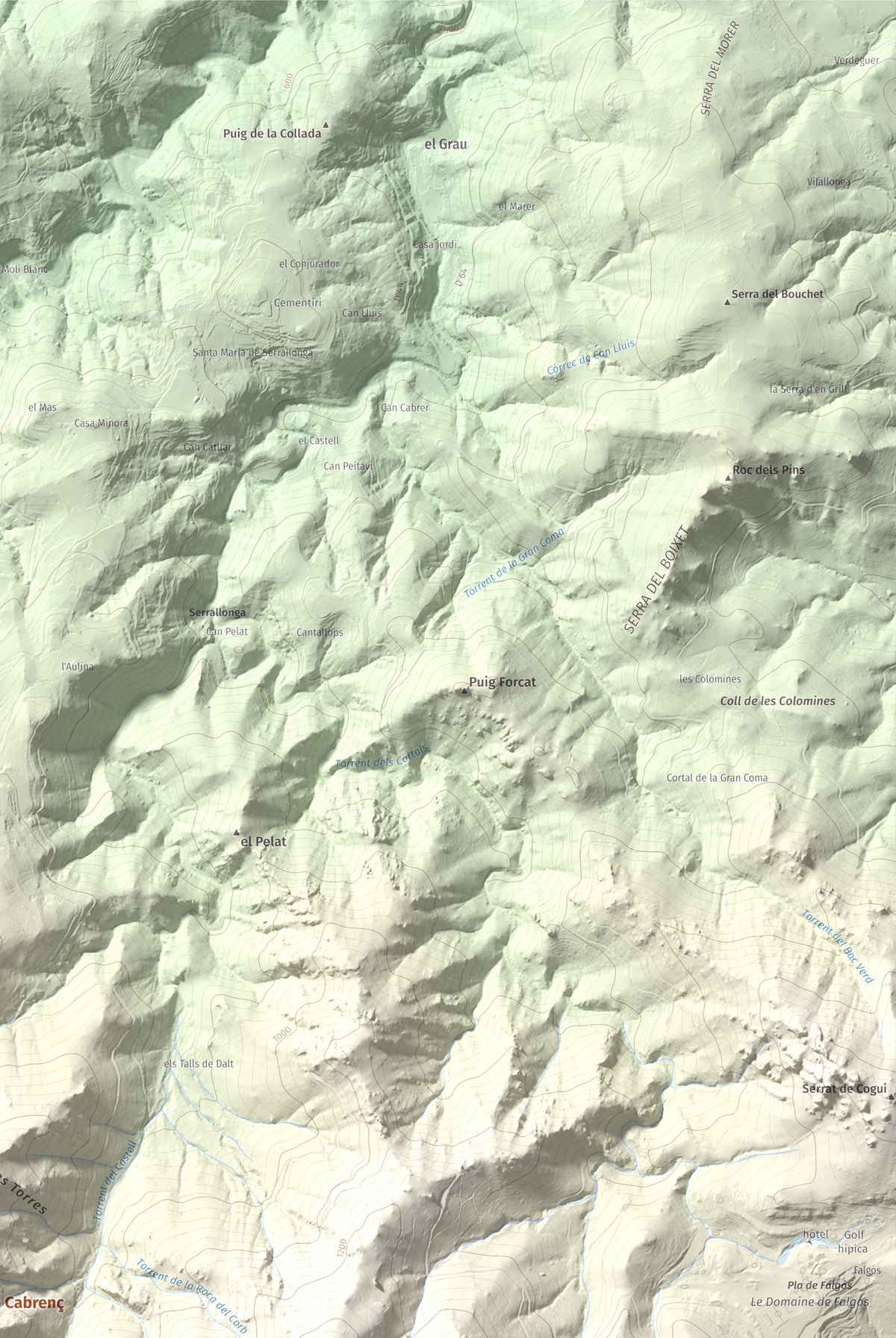 Mapa de relieve de Torres de Cabrenç, 1344 m, Vallespir, lámina 100 Cims de Trobart. Detalle de la zona superior derecha. 61 × 91 cm.