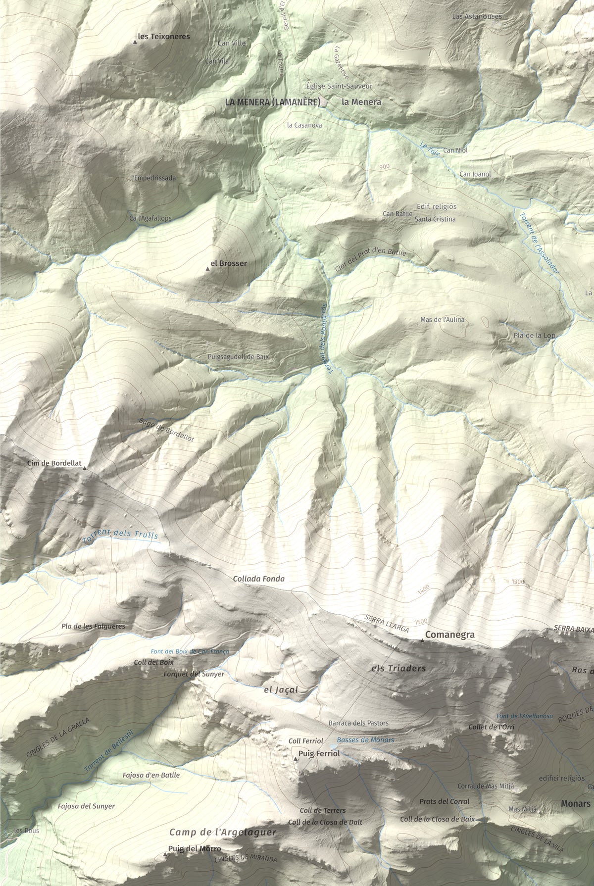 Mapa de relieve de Torres de Cabrenç, 1344 m, Vallespir, lámina 100 Cims de Trobart. Detalle de la zona inferior izquierda. 61 × 91 cm.
