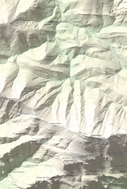 Mapa de relieve de Torres de Cabrenç, 1344 m, Vallespir, lámina 100 Cims de Trobart. Detalle de la zona inferior izquierda. 61 × 91 cm.