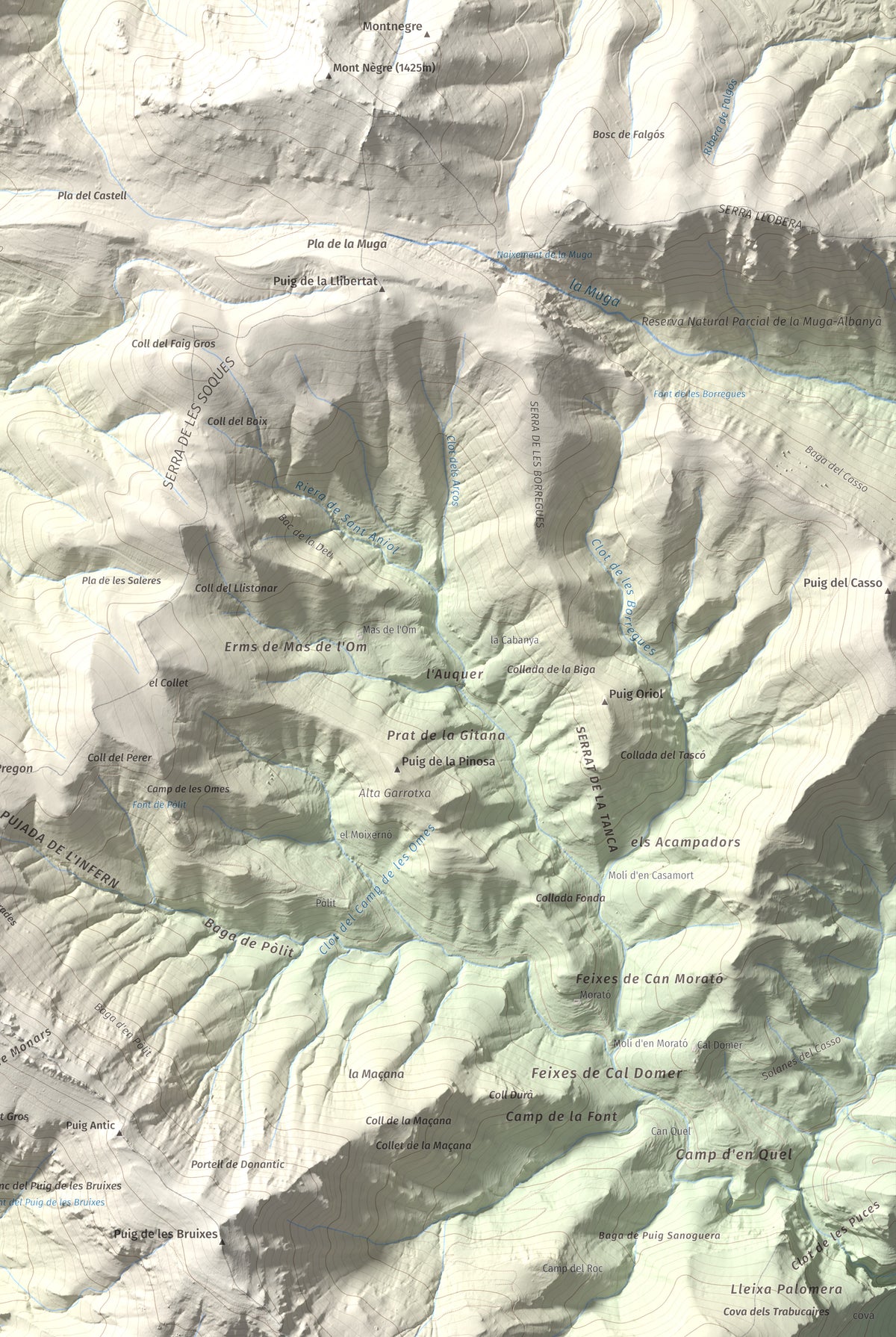 Mapa de relieve de Torres de Cabrenç, 1344 m, Vallespir, lámina 100 Cims de Trobart. Detalle de la zona inferior derecha. 61 × 91 cm.