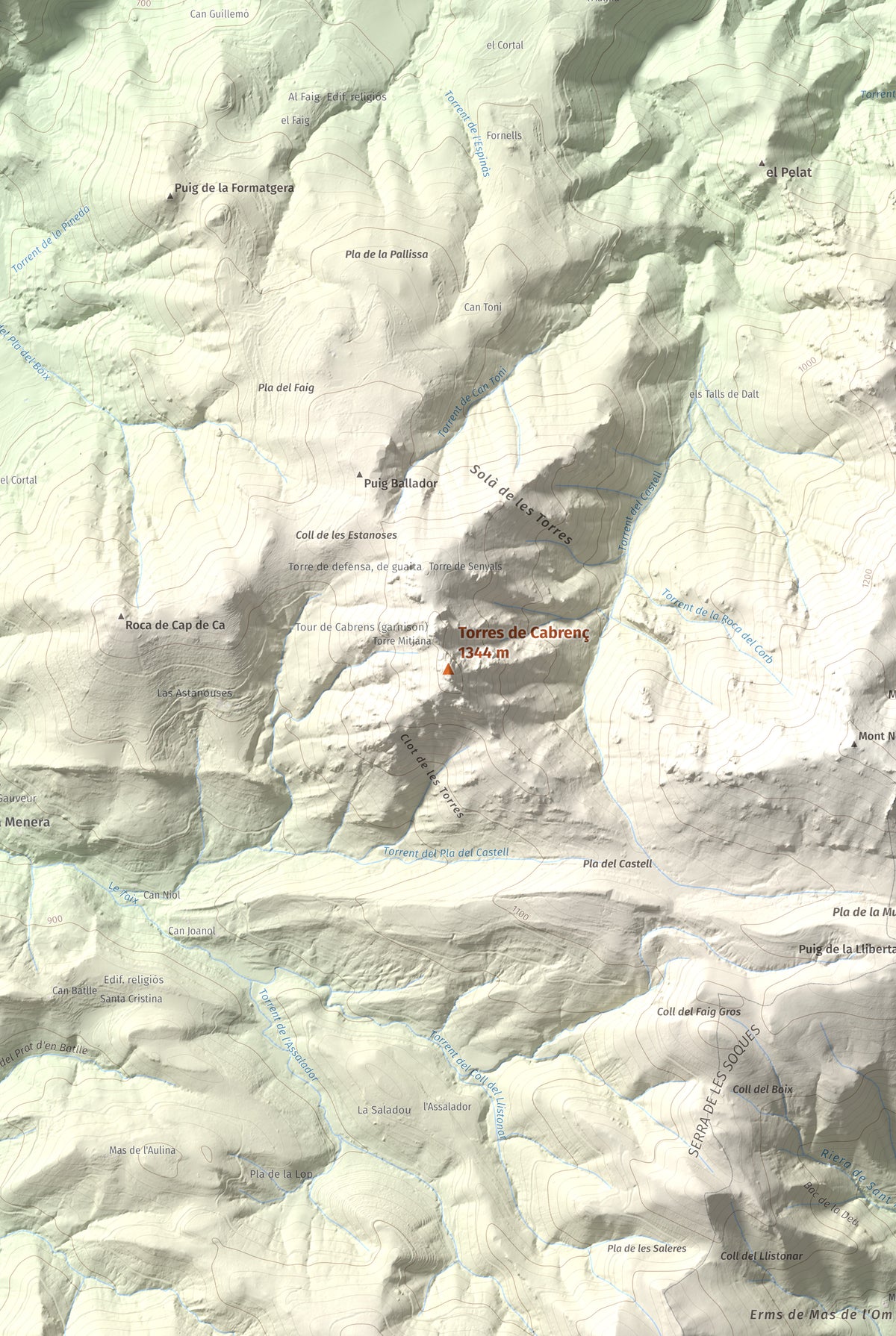 Mapa de relieve de Torres de Cabrenç, 1344 m, Vallespir, lámina 100 Cims de Trobart. Detalle de la zona central. 61 × 91 cm.