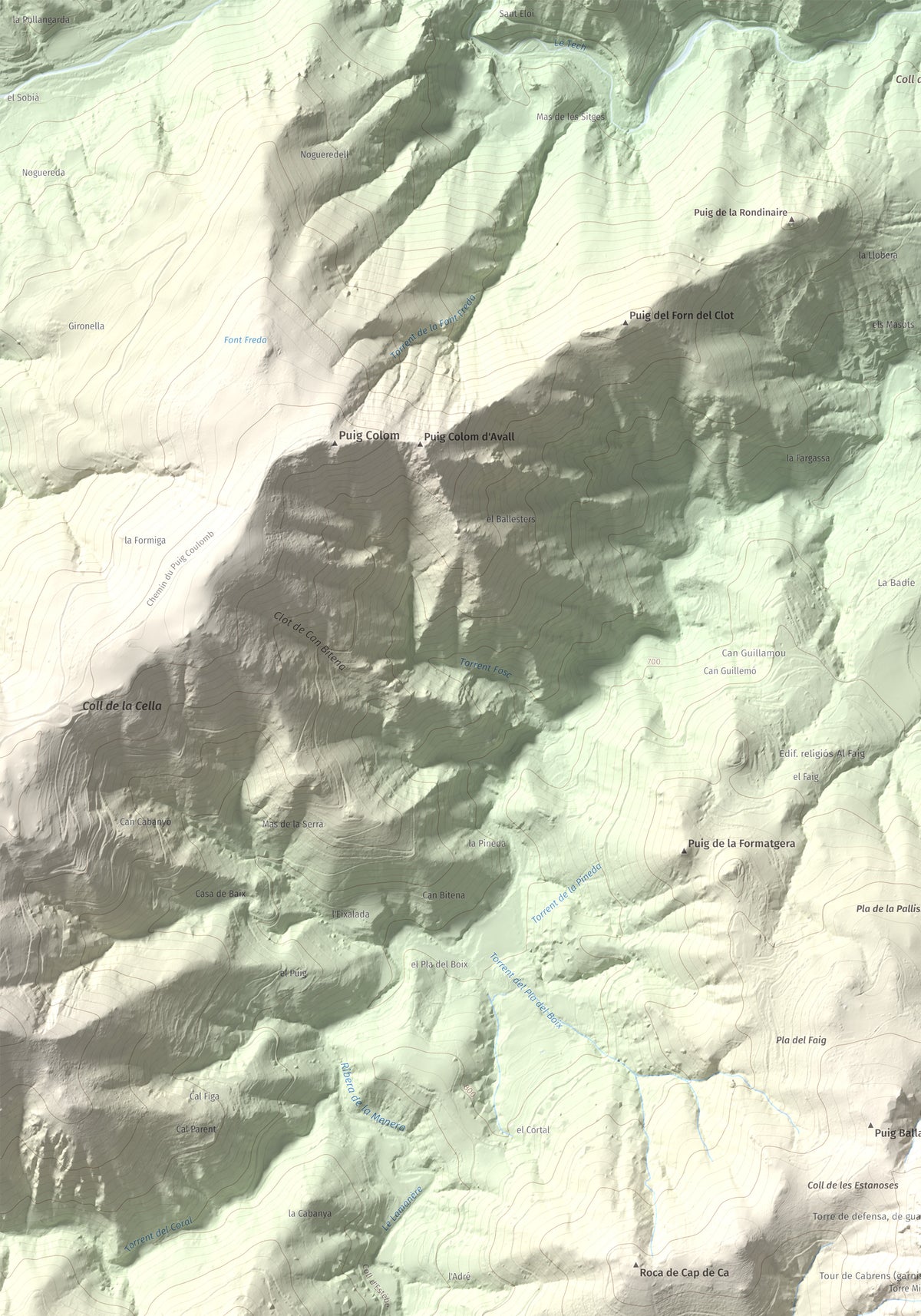 Mapa de relieve de Torres de Cabrenç, 1344 m, Vallespir, lámina 100 Cims de Trobart. Detalle de la zona superior izquierda. 70 × 100 cm.