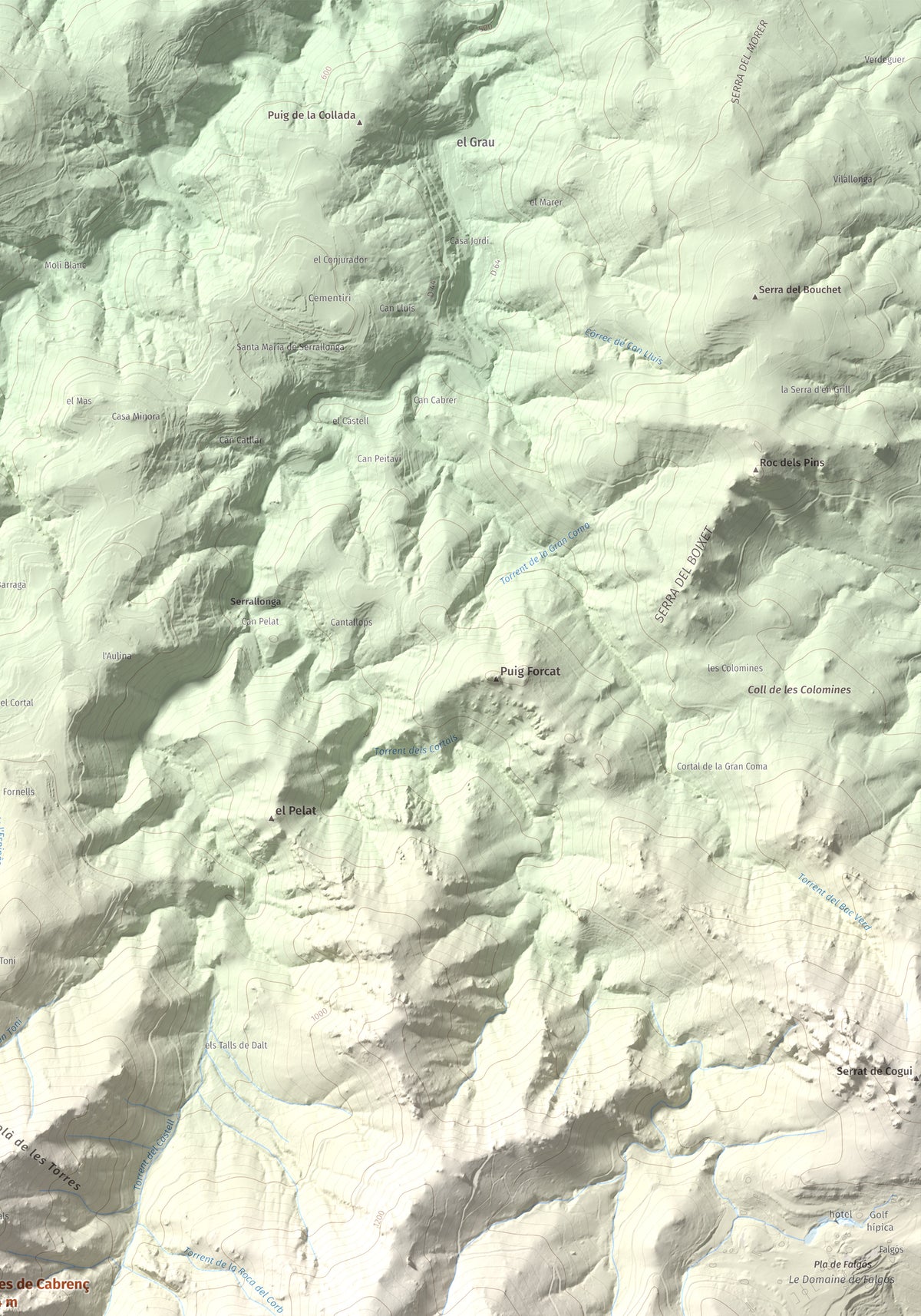 Mapa de relieve de Torres de Cabrenç, 1344 m, Vallespir, lámina 100 Cims de Trobart. Detalle de la zona superior derecha. 70 × 100 cm.