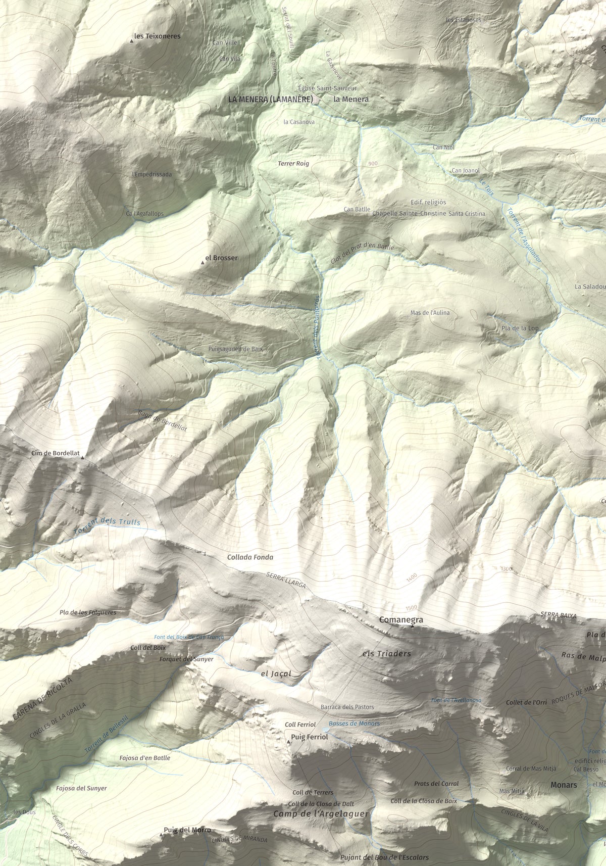 Mapa de relieve de Torres de Cabrenç, 1344 m, Vallespir, lámina 100 Cims de Trobart. Detalle de la zona inferior izquierda. 70 × 100 cm.