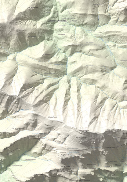 Mapa de relieve de Torres de Cabrenç, 1344 m, Vallespir, lámina 100 Cims de Trobart. Detalle de la zona inferior izquierda. 70 × 100 cm.