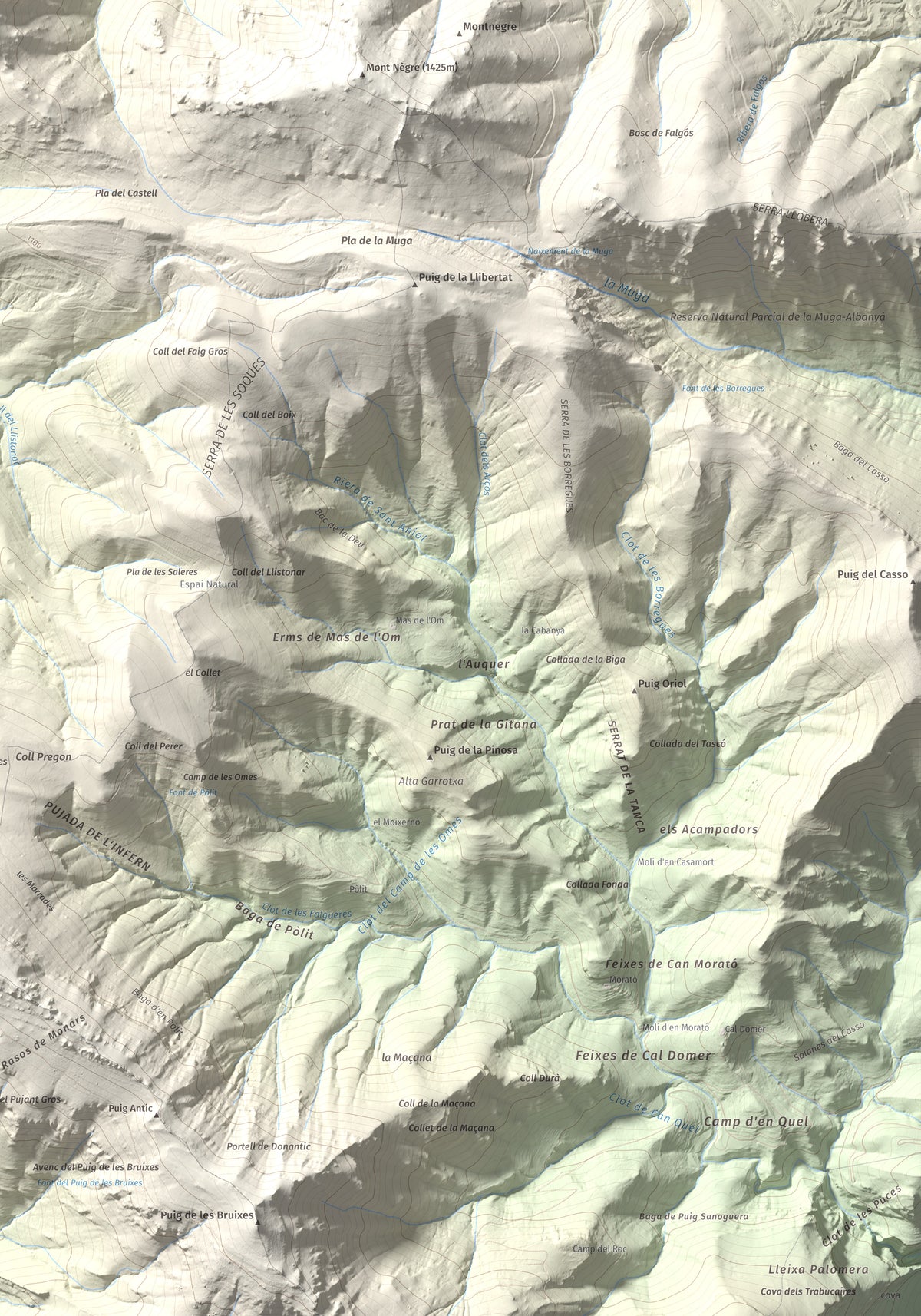 Mapa de relieve de Torres de Cabrenç, 1344 m, Vallespir, lámina 100 Cims de Trobart. Detalle de la zona inferior derecha. 70 × 100 cm.