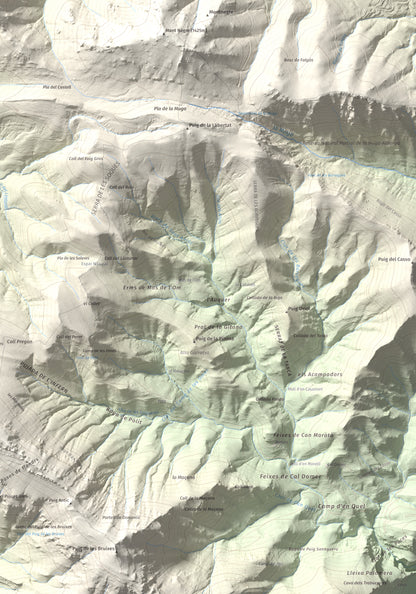 Mapa de relieve de Torres de Cabrenç, 1344 m, Vallespir, lámina 100 Cims de Trobart. Detalle de la zona inferior derecha. 70 × 100 cm.