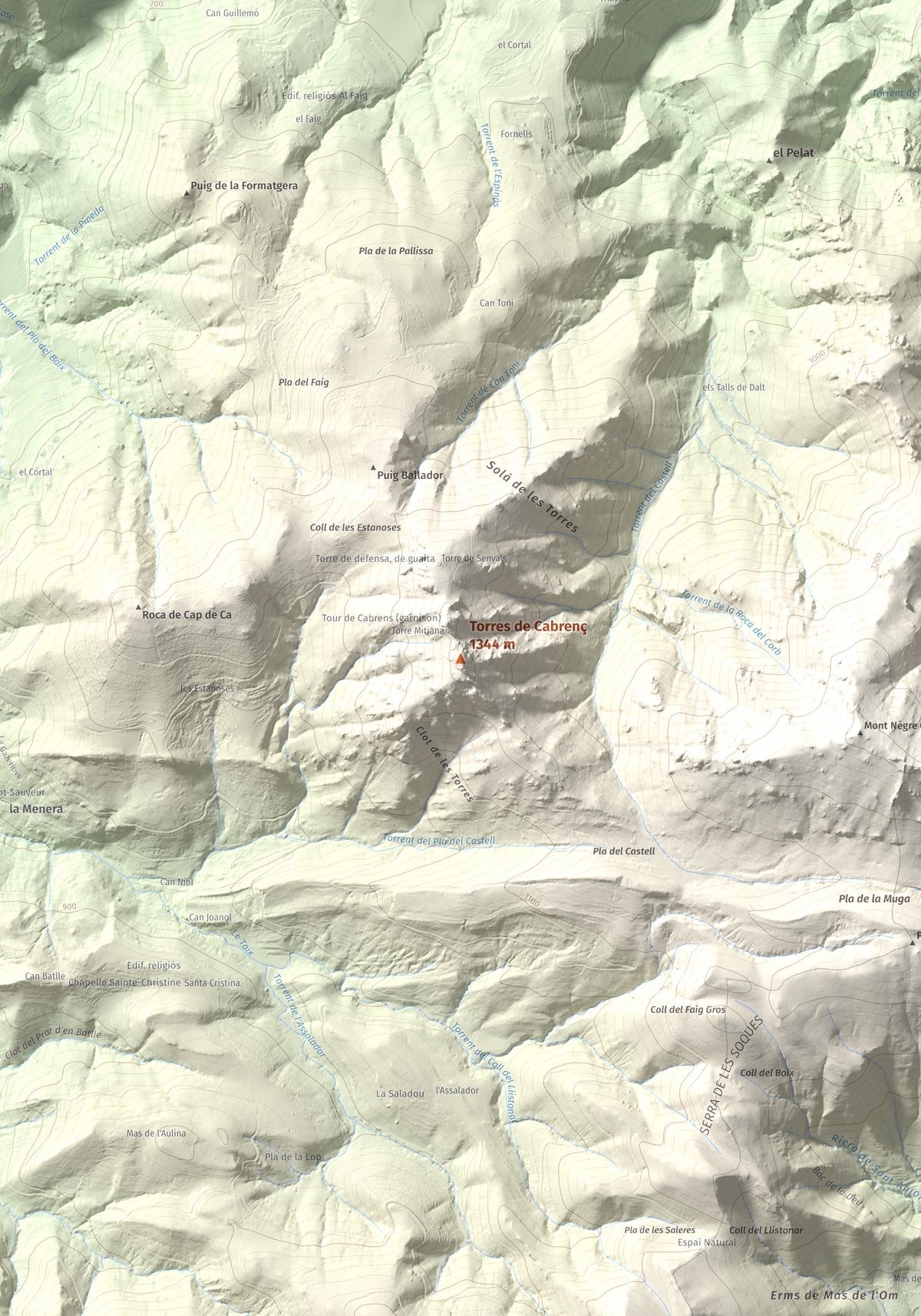 Mapa de relieve de Torres de Cabrenç, 1344 m, Vallespir, lámina 100 Cims de Trobart. Detalle de la zona central. 70 × 100 cm.