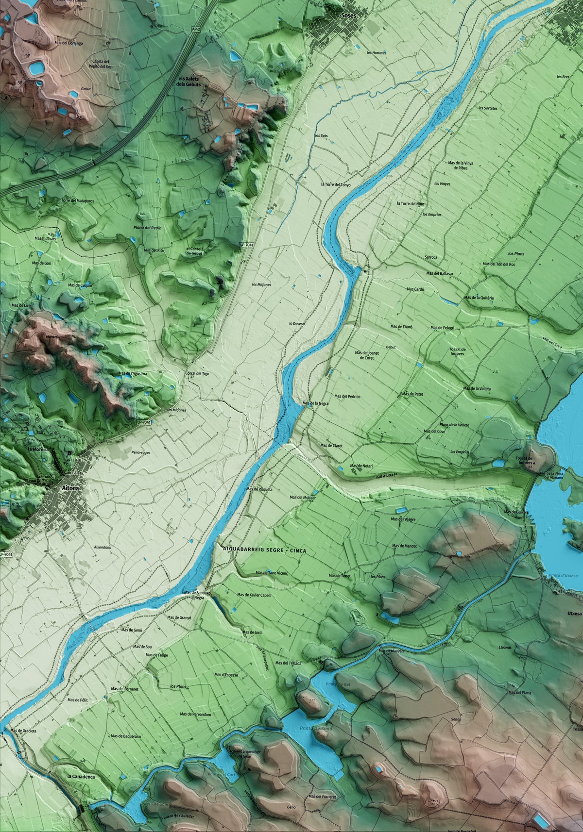 Mapa artístico del relieve de Torres de Segre, al Segrià, con 15 km de entorno y base topográfica ICGC. Detalle de la zona inferior izquierda.
