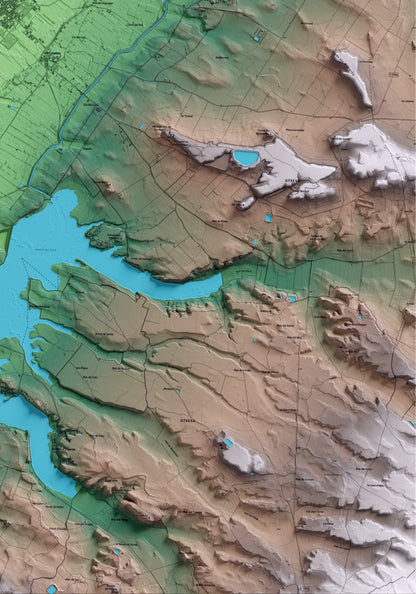 Mapa artístico del relieve de Torres de Segre, al Segrià, con 15 km de entorno y base topográfica ICGC. Detalle de la zona inferior derecha.