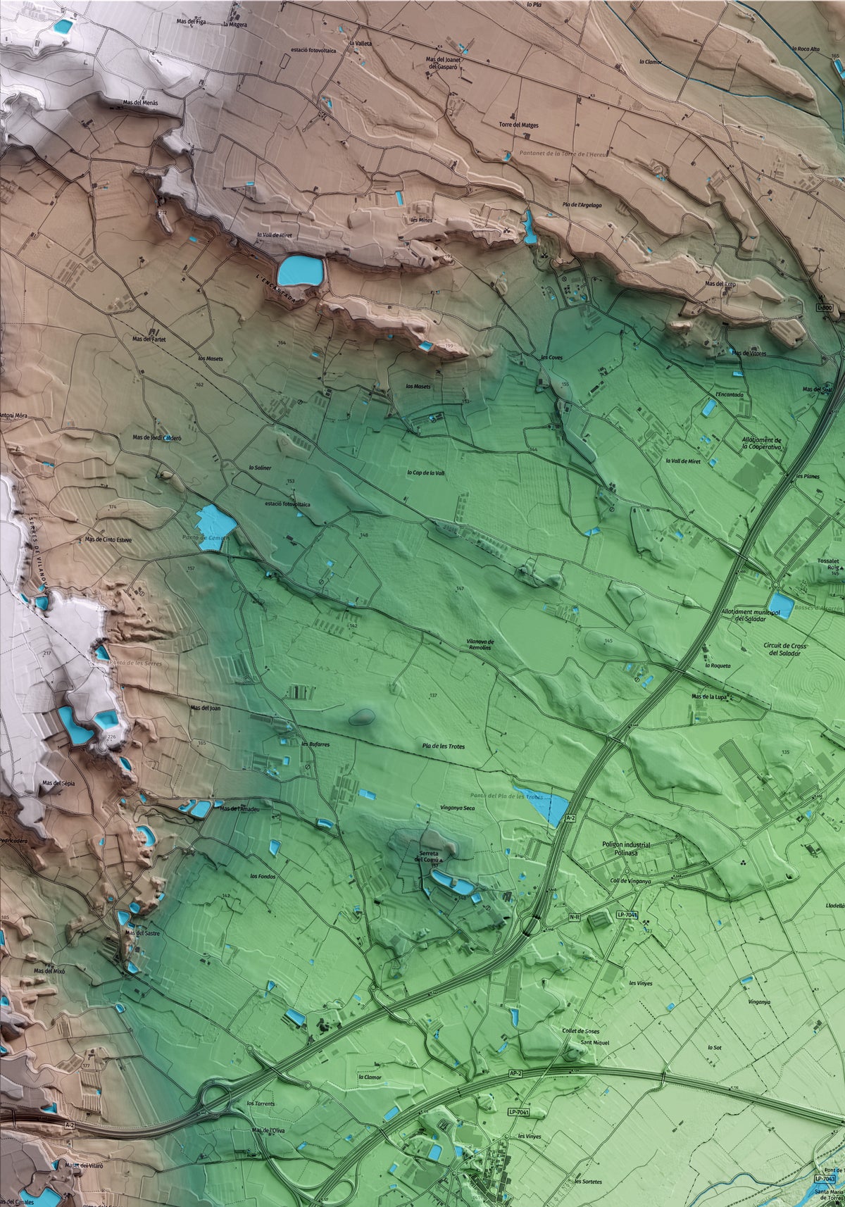 Mapa artístico del relieve de Torres de Segre, al Segrià, con 15 km de entorno y base topográfica ICGC. Detalle de la zona superior izquierda.