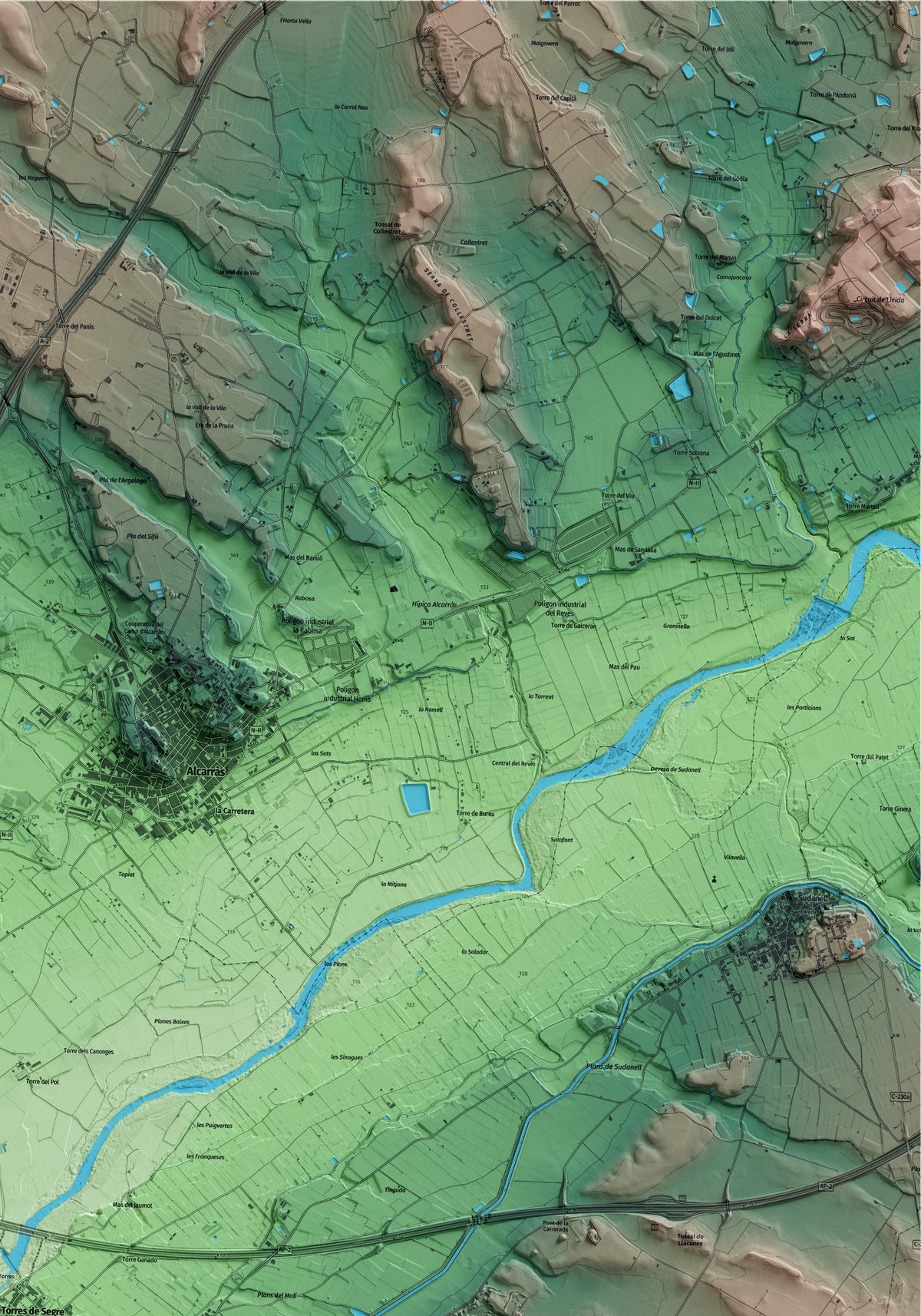 Mapa artístico del relieve de Torres de Segre, al Segrià, con 15 km de entorno y base topográfica ICGC. Detalle de la zona superior derecha.