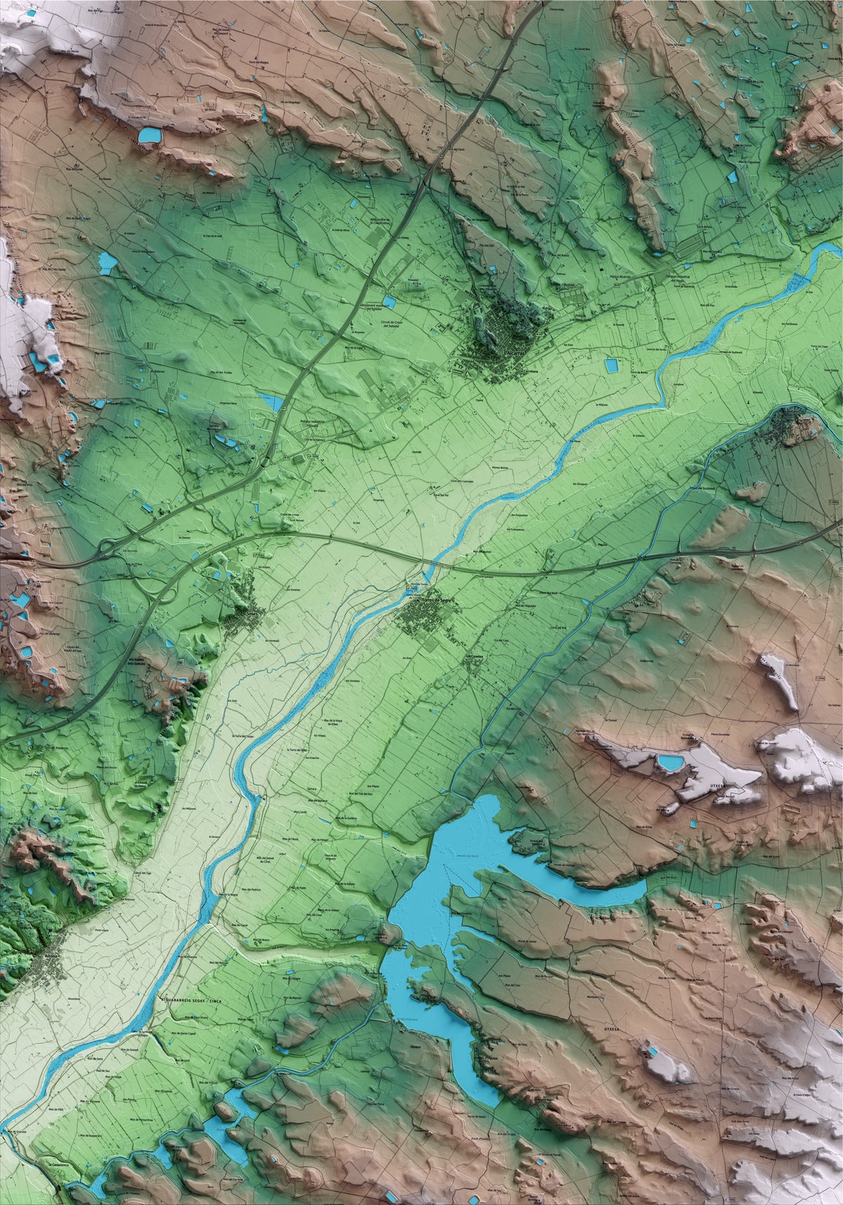 Mapa artístico del relieve de Torres de Segre, al Segrià, con 15 km de entorno y base topográfica ICGC