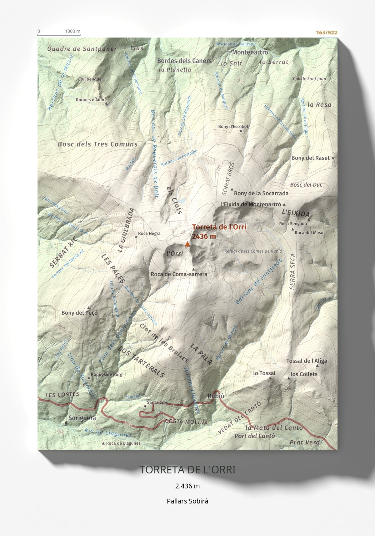 Mapa de relieve de Torreta de l'Orri, 2436 m, Pallars Sobirà, lámina 100 Cims de Trobart 21 × 30 cm.