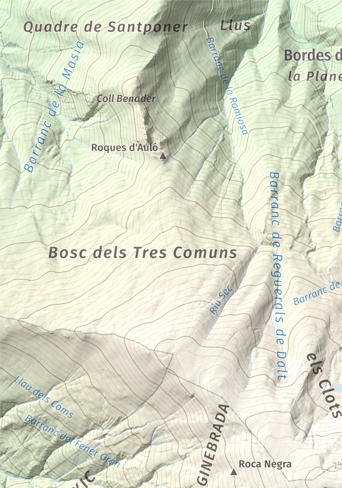 Mapa de relieve de Torreta de l'Orri, 2436 m, Pallars Sobirà, lámina 100 Cims de Trobart. Detalle de la zona superior izquierda. 21 × 30 cm.