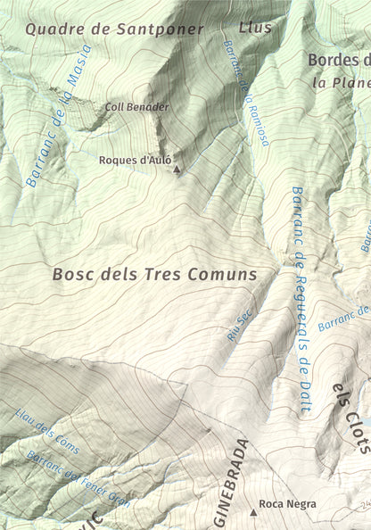 Mapa de relieve de Torreta de l'Orri, 2436 m, Pallars Sobirà, lámina 100 Cims de Trobart. Detalle de la zona superior izquierda. 21 × 30 cm.