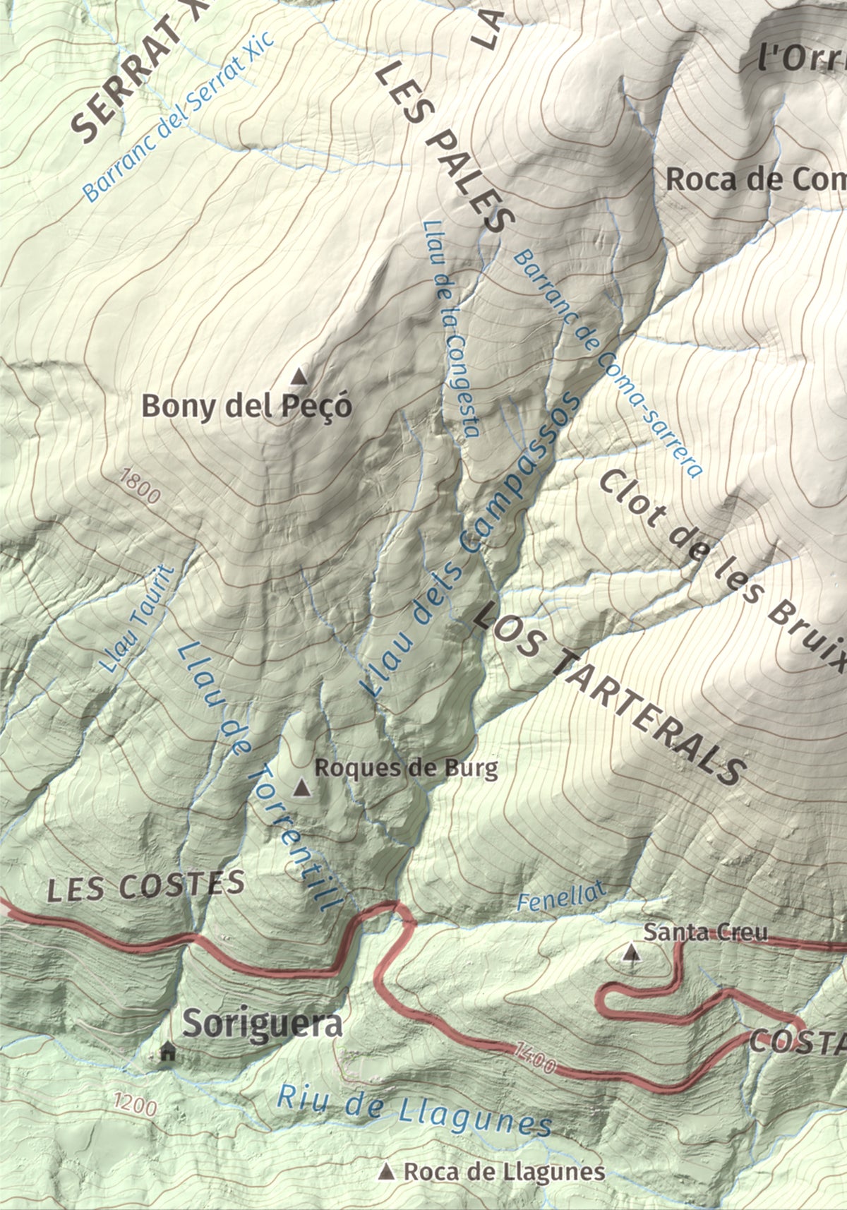 Mapa de relieve de Torreta de l'Orri, 2436 m, Pallars Sobirà, lámina 100 Cims de Trobart. Detalle de la zona inferior izquierda. 21 × 30 cm.