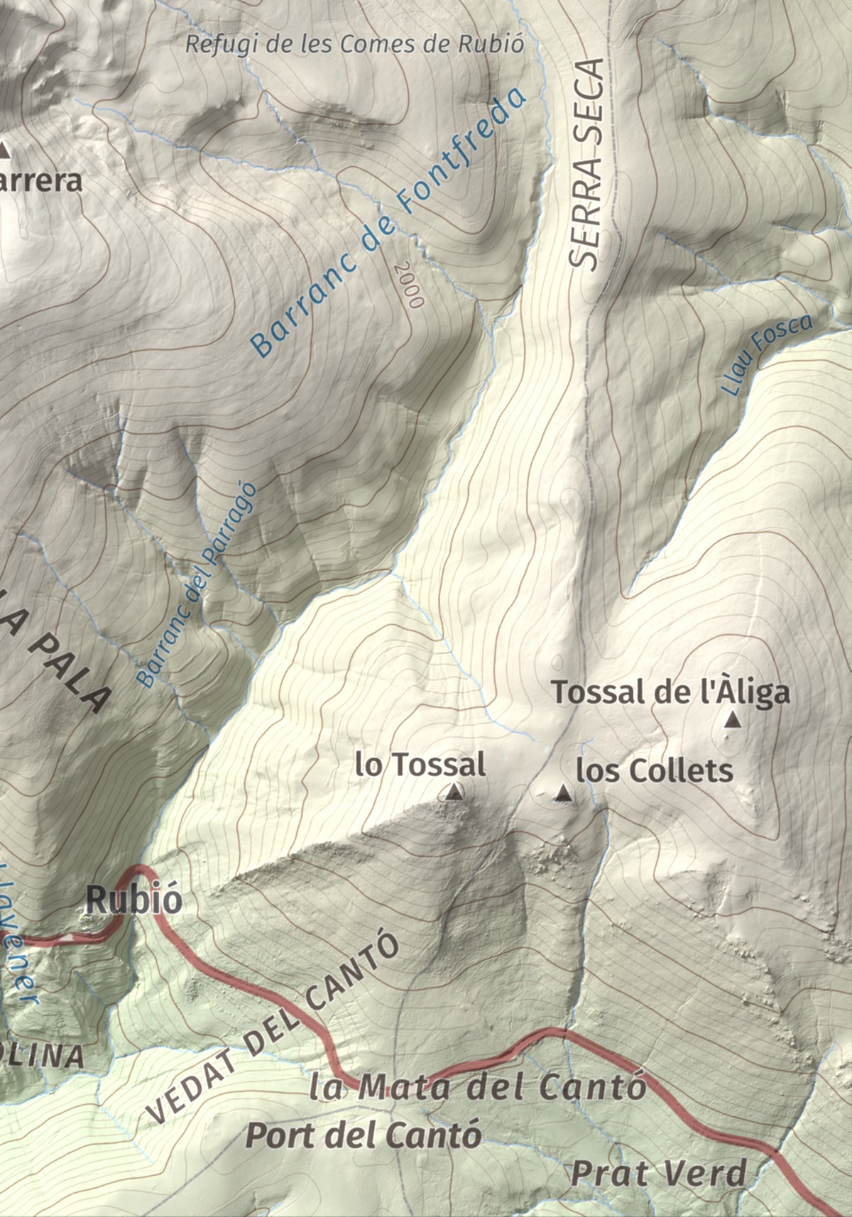 Mapa de relieve de Torreta de l'Orri, 2436 m, Pallars Sobirà, lámina 100 Cims de Trobart. Detalle de la zona inferior derecha. 21 × 30 cm.
