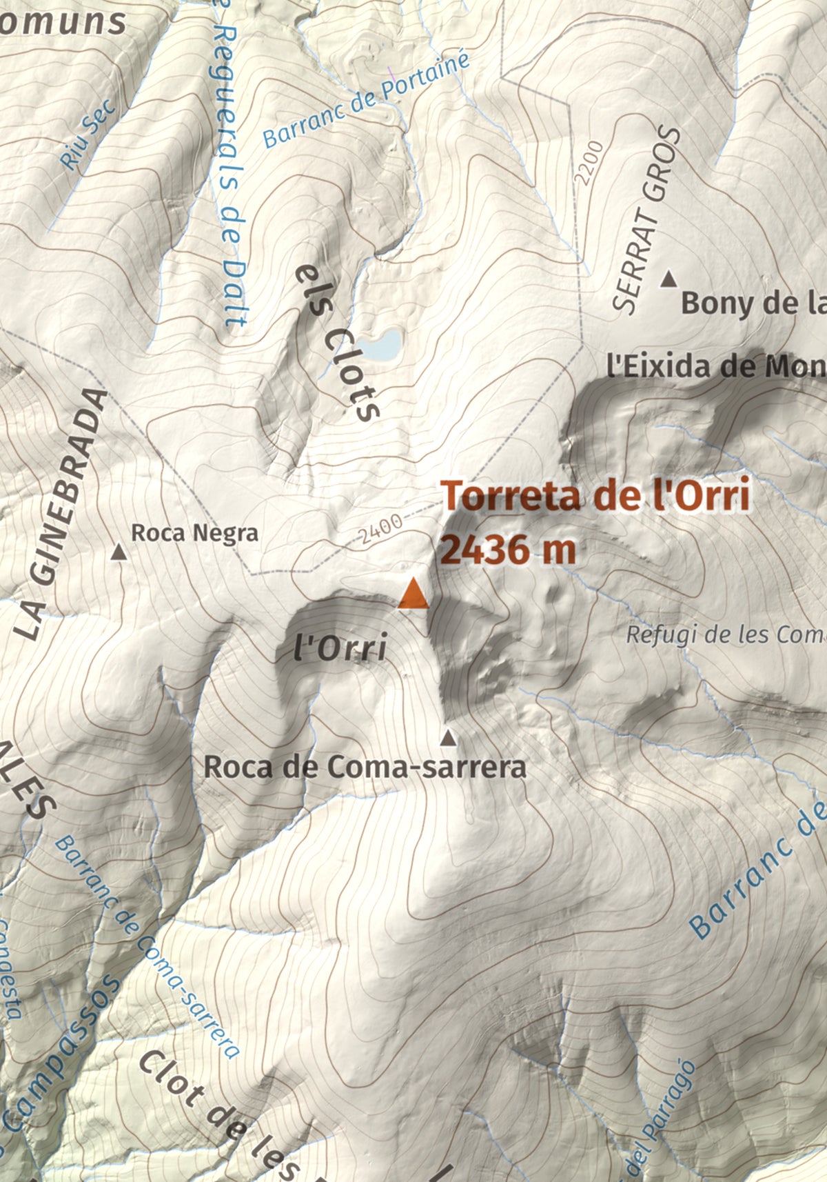 Mapa de relieve de Torreta de l'Orri, 2436 m, Pallars Sobirà, lámina 100 Cims de Trobart. Detalle de la zona central. 21 × 30 cm.