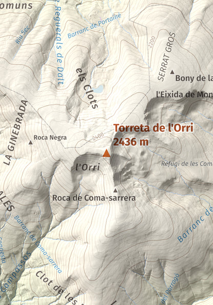 Mapa de relieve de Torreta de l'Orri, 2436 m, Pallars Sobirà, lámina 100 Cims de Trobart. Detalle de la zona central. 21 × 30 cm.
