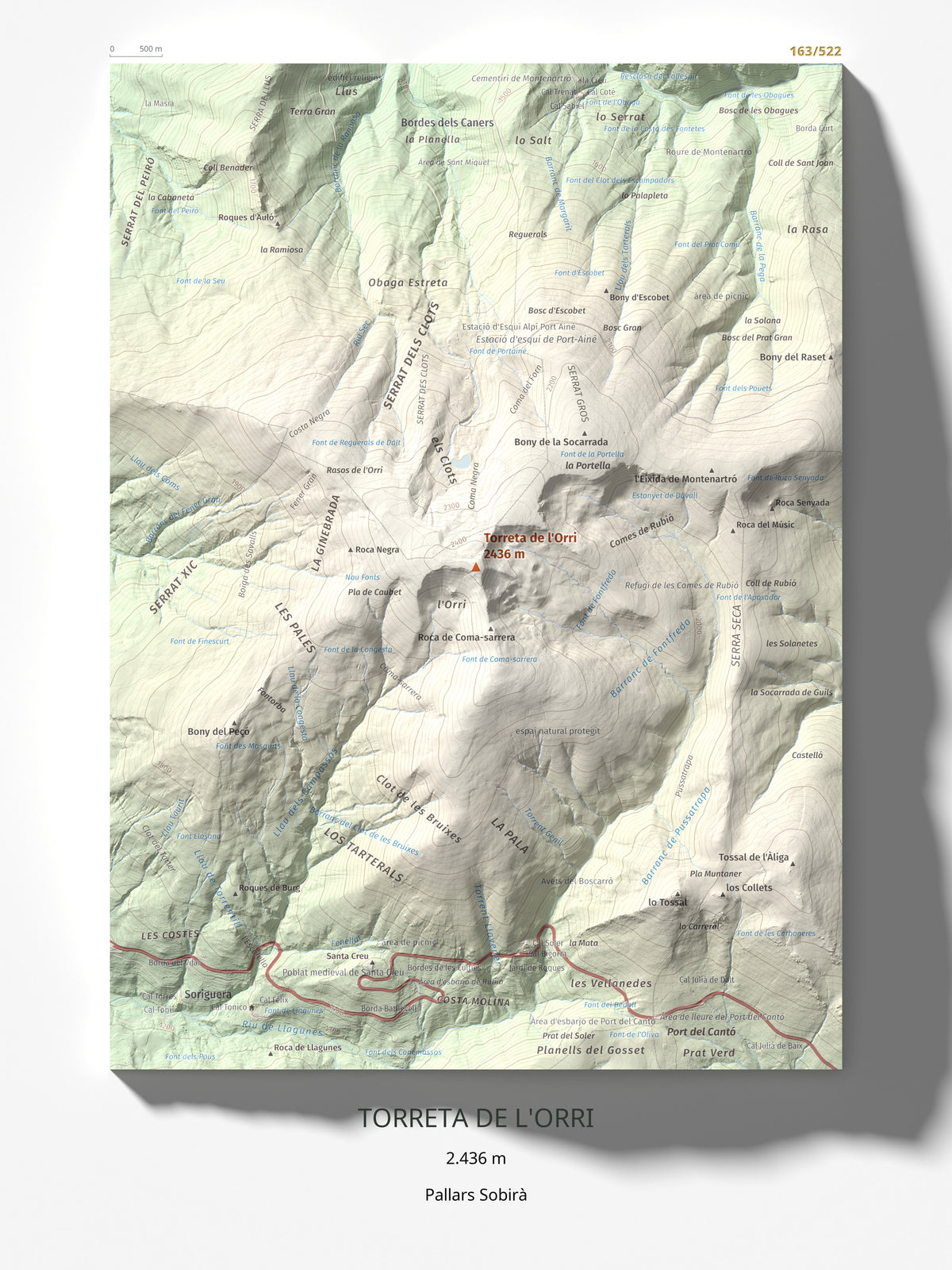 Mapa de relieve de Torreta de l'Orri, 2436 m, Pallars Sobirà, lámina 100 Cims de Trobart 30 × 40 cm.