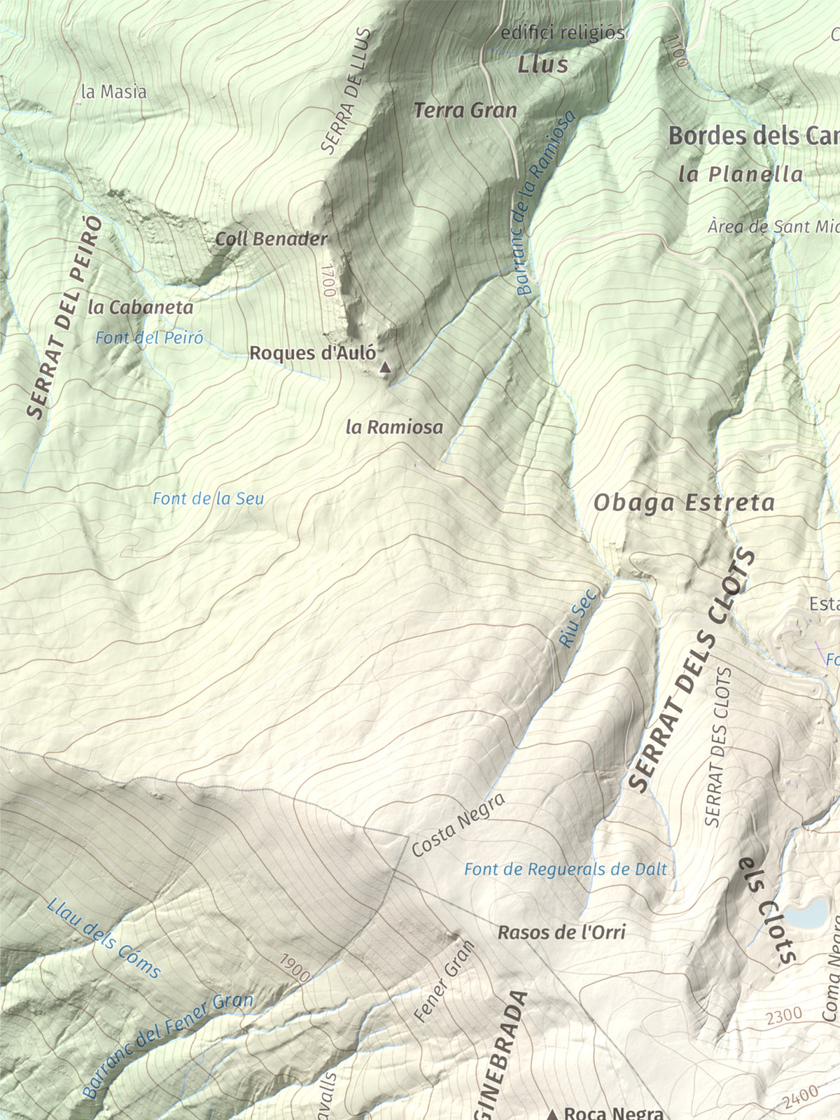 Mapa de relieve de Torreta de l'Orri, 2436 m, Pallars Sobirà, lámina 100 Cims de Trobart. Detalle de la zona superior izquierda. 30 × 40 cm.