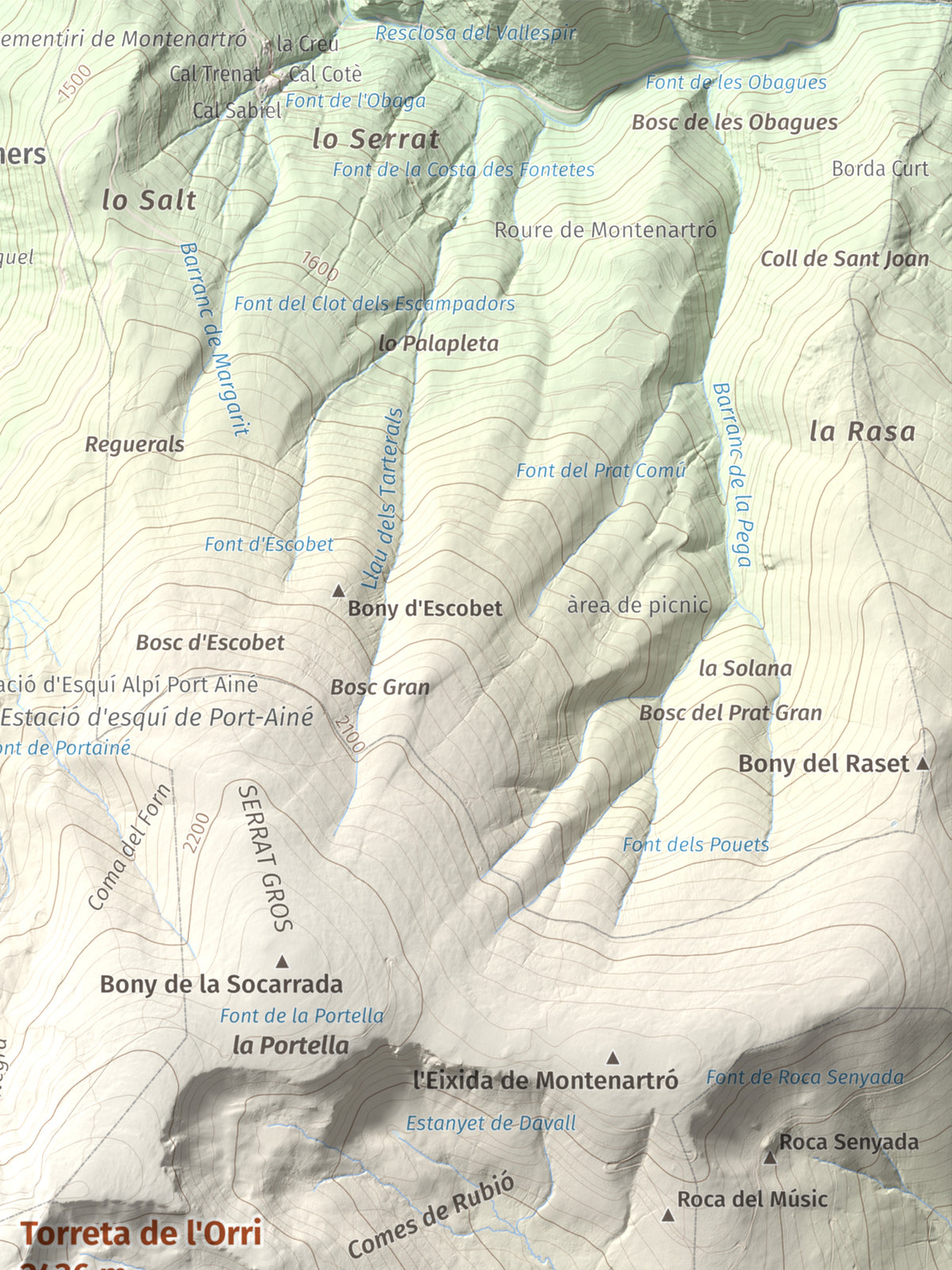 Mapa de relieve de Torreta de l'Orri, 2436 m, Pallars Sobirà, lámina 100 Cims de Trobart. Detalle de la zona superior derecha. 30 × 40 cm.