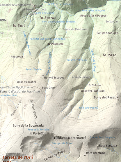 Mapa de relieve de Torreta de l'Orri, 2436 m, Pallars Sobirà, lámina 100 Cims de Trobart. Detalle de la zona superior derecha. 30 × 40 cm.