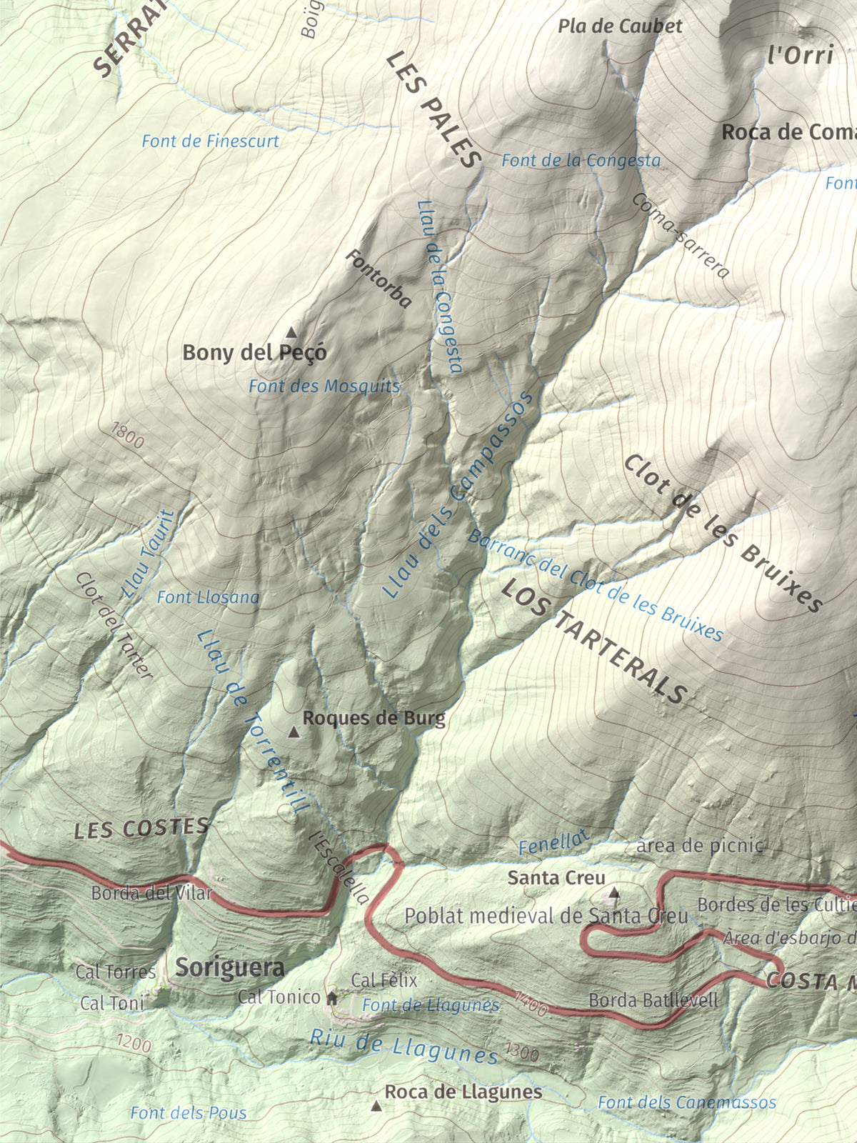 Mapa de relieve de Torreta de l'Orri, 2436 m, Pallars Sobirà, lámina 100 Cims de Trobart. Detalle de la zona inferior izquierda. 30 × 40 cm.