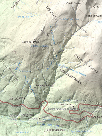 Mapa de relieve de Torreta de l'Orri, 2436 m, Pallars Sobirà, lámina 100 Cims de Trobart. Detalle de la zona inferior izquierda. 30 × 40 cm.