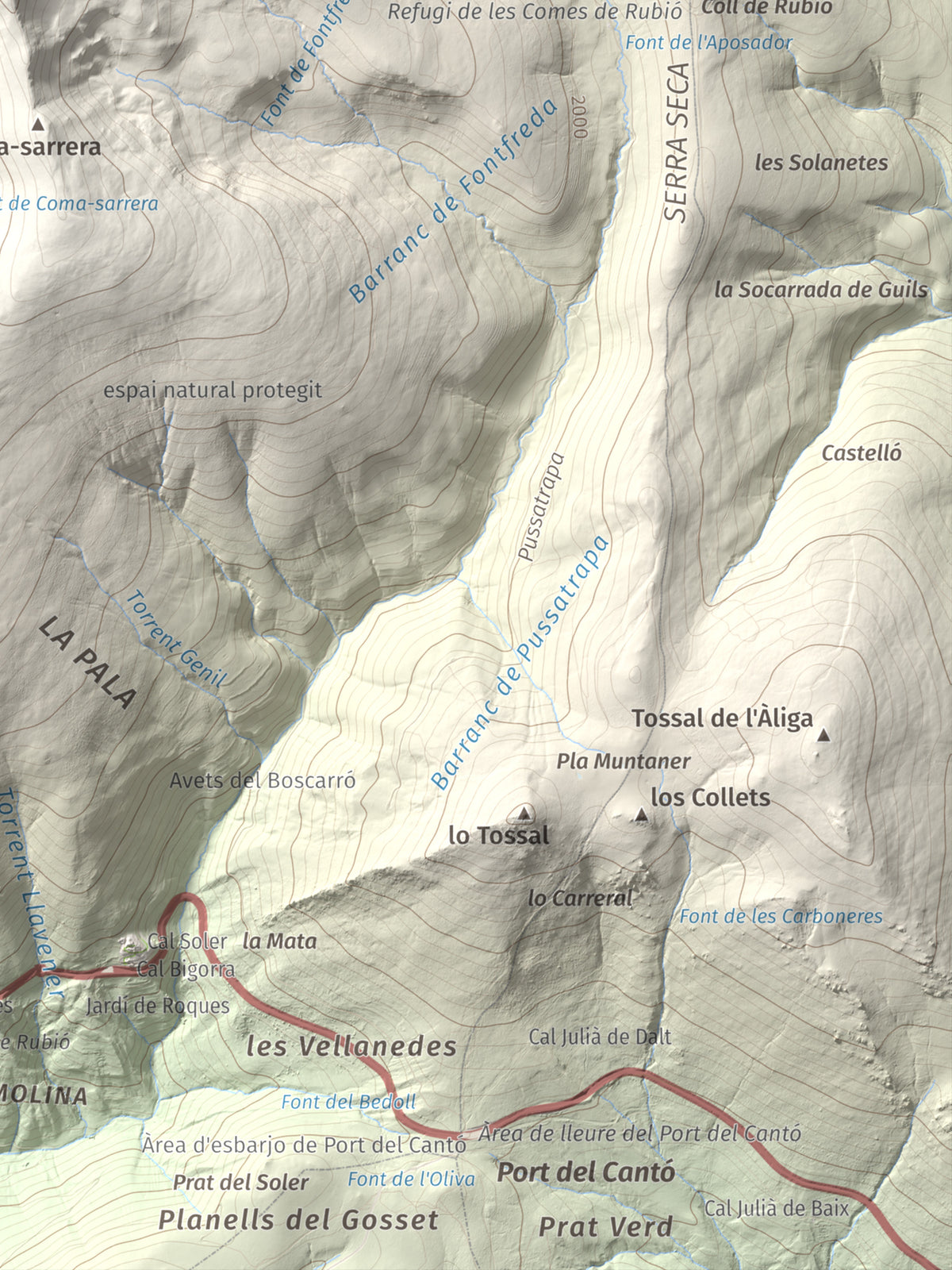 Mapa de relieve de Torreta de l'Orri, 2436 m, Pallars Sobirà, lámina 100 Cims de Trobart. Detalle de la zona inferior derecha. 30 × 40 cm.
