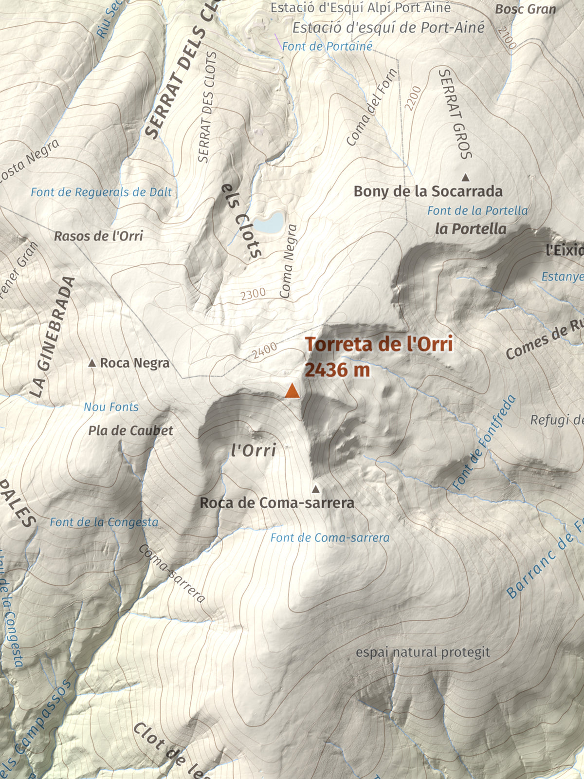 Mapa de relieve de Torreta de l'Orri, 2436 m, Pallars Sobirà, lámina 100 Cims de Trobart. Detalle de la zona central. 30 × 40 cm.