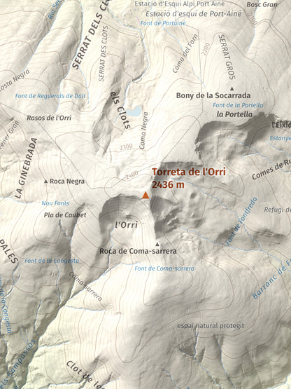 Mapa de relieve de Torreta de l'Orri, 2436 m, Pallars Sobirà, lámina 100 Cims de Trobart. Detalle de la zona central. 30 × 40 cm.