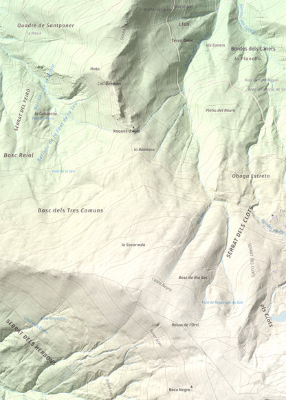 Mapa de relieve de Torreta de l'Orri, 2436 m, Pallars Sobirà, lámina 100 Cims de Trobart. Detalle de la zona superior izquierda. 50 × 70 cm.