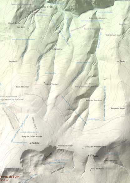 Mapa de relieve de Torreta de l'Orri, 2436 m, Pallars Sobirà, lámina 100 Cims de Trobart. Detalle de la zona superior derecha. 50 × 70 cm.