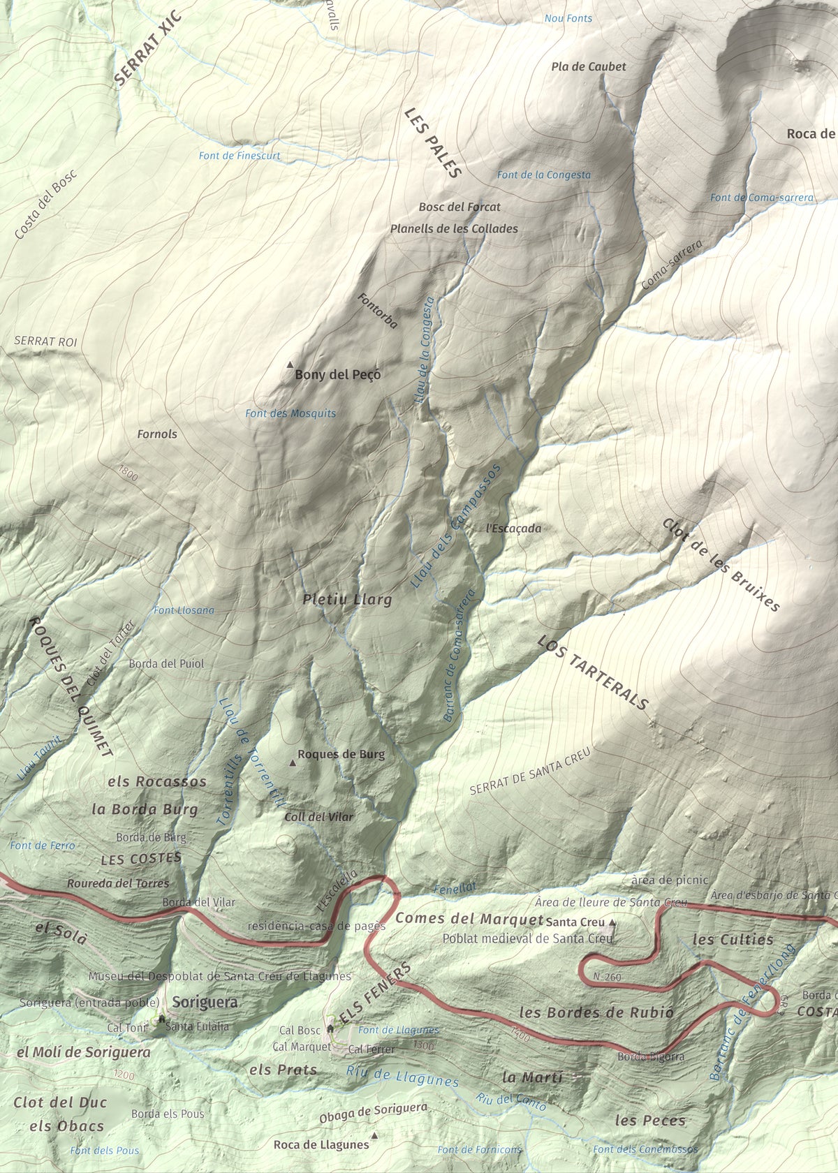 Mapa de relieve de Torreta de l'Orri, 2436 m, Pallars Sobirà, lámina 100 Cims de Trobart. Detalle de la zona inferior izquierda. 50 × 70 cm.