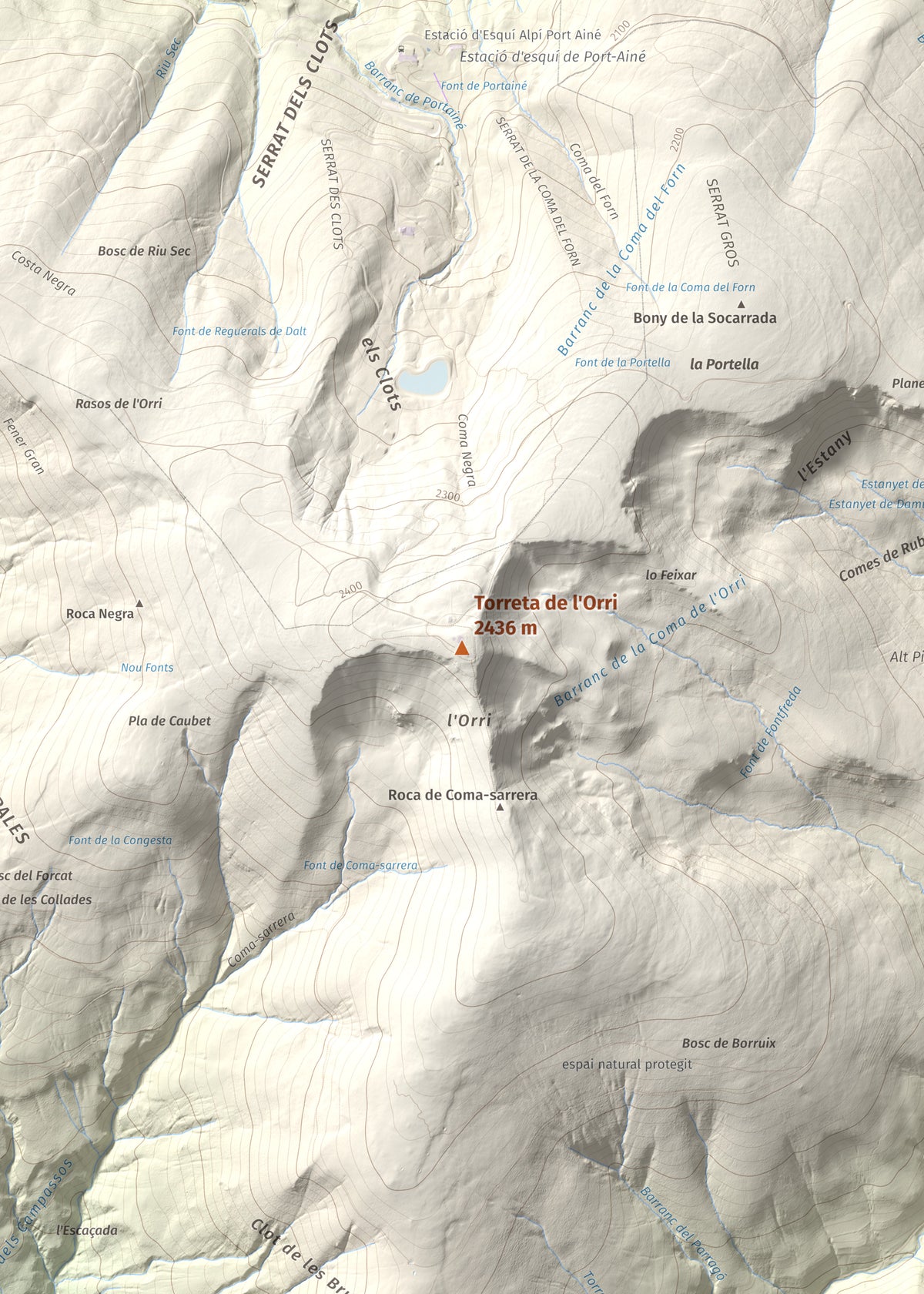 Mapa de relieve de Torreta de l'Orri, 2436 m, Pallars Sobirà, lámina 100 Cims de Trobart. Detalle de la zona central. 50 × 70 cm.