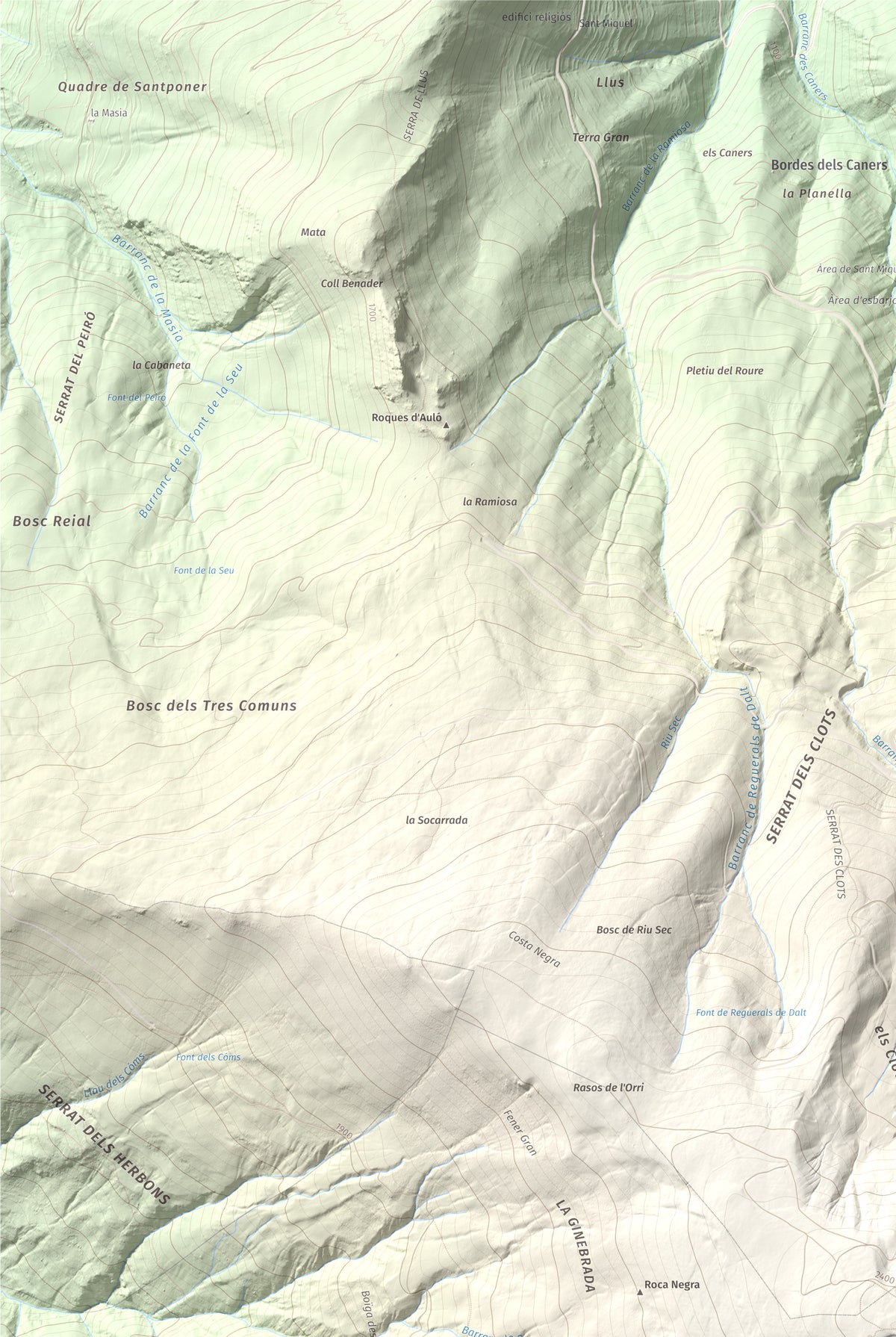 Mapa de relieve de Torreta de l'Orri, 2436 m, Pallars Sobirà, lámina 100 Cims de Trobart. Detalle de la zona superior izquierda. 61 × 91 cm.