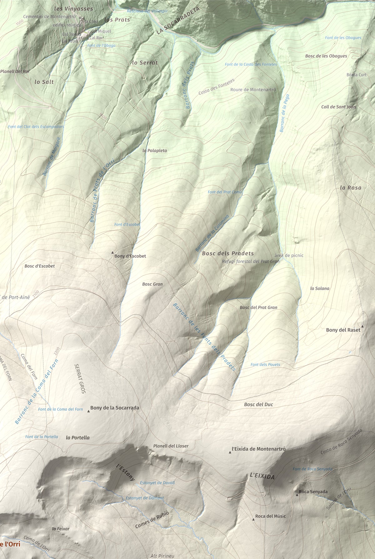 Mapa de relieve de Torreta de l'Orri, 2436 m, Pallars Sobirà, lámina 100 Cims de Trobart. Detalle de la zona superior derecha. 61 × 91 cm.