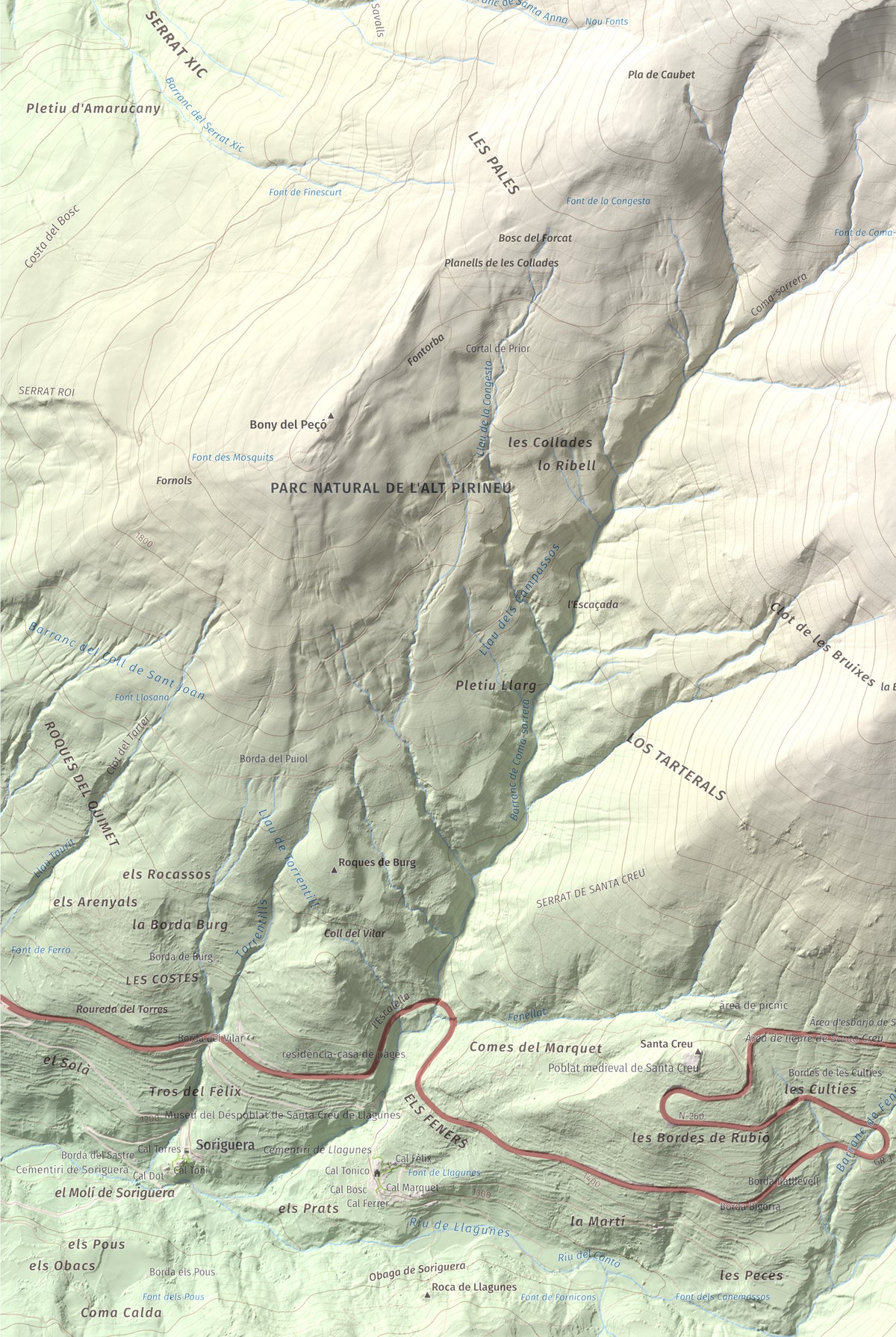 Mapa de relieve de Torreta de l'Orri, 2436 m, Pallars Sobirà, lámina 100 Cims de Trobart. Detalle de la zona inferior izquierda. 61 × 91 cm.