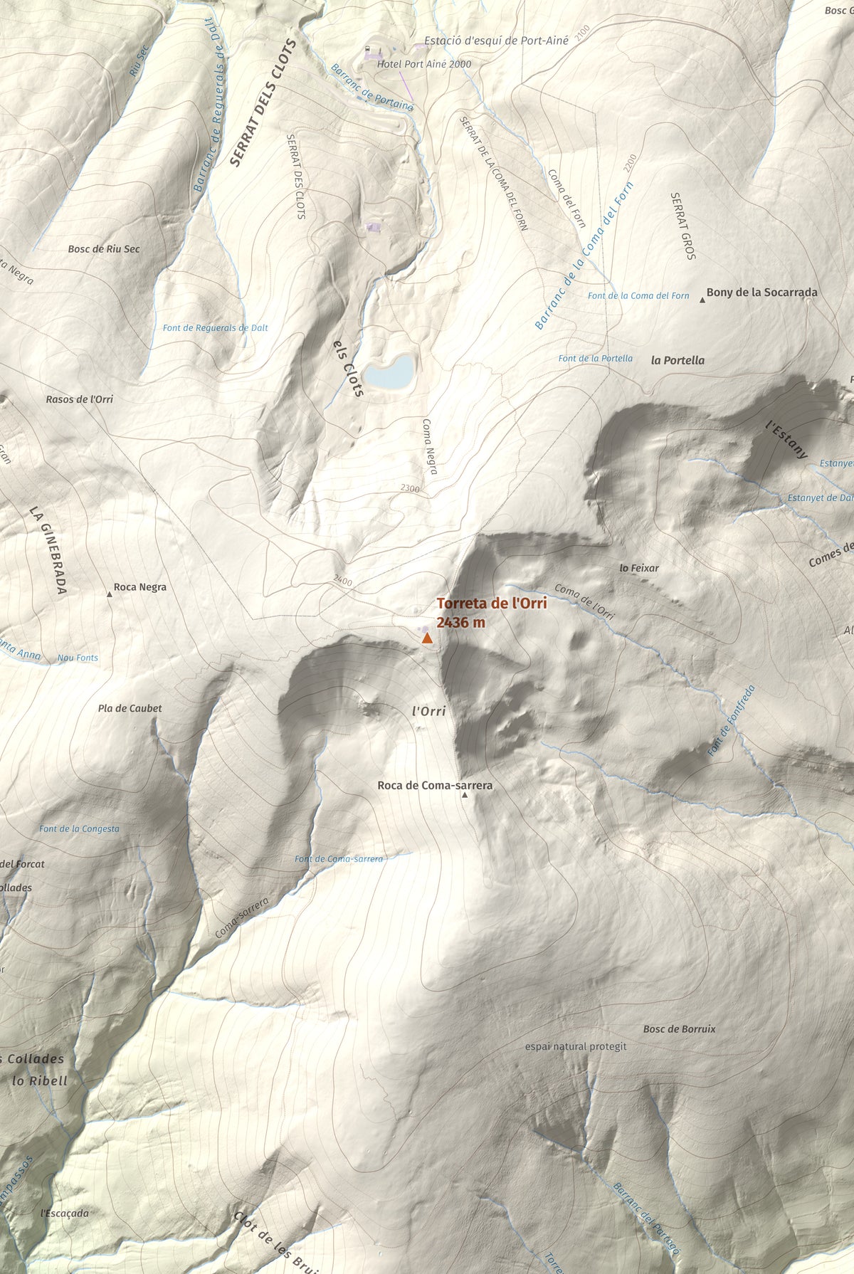 Mapa de relieve de Torreta de l'Orri, 2436 m, Pallars Sobirà, lámina 100 Cims de Trobart. Detalle de la zona central. 61 × 91 cm.