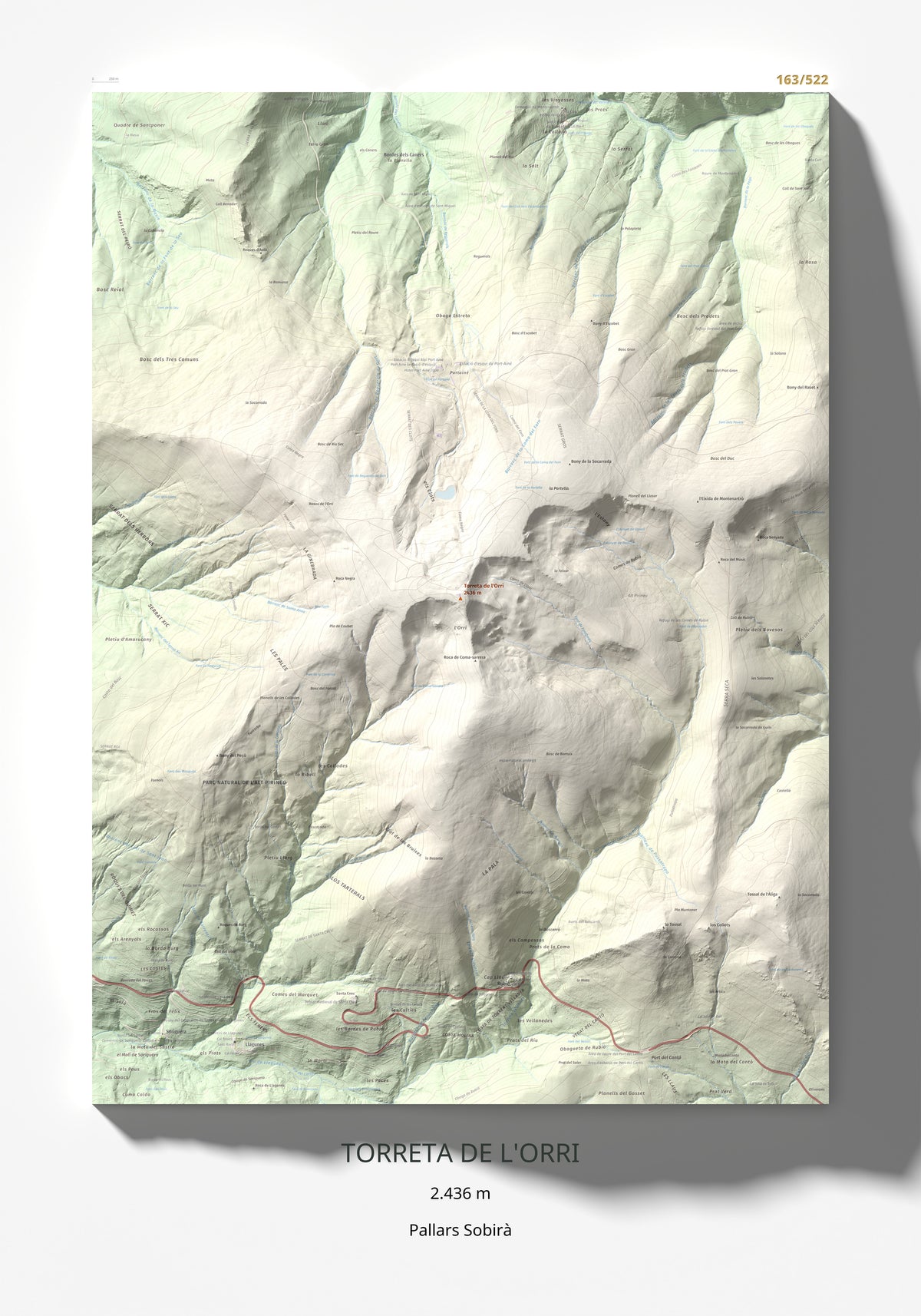 Mapa de relieve de Torreta de l'Orri, 2436 m, Pallars Sobirà, lámina 100 Cims de Trobart 70 × 100 cm.